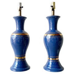 Mid Century Modern Blue and Gold Porcelain Table Lamps – a Pair