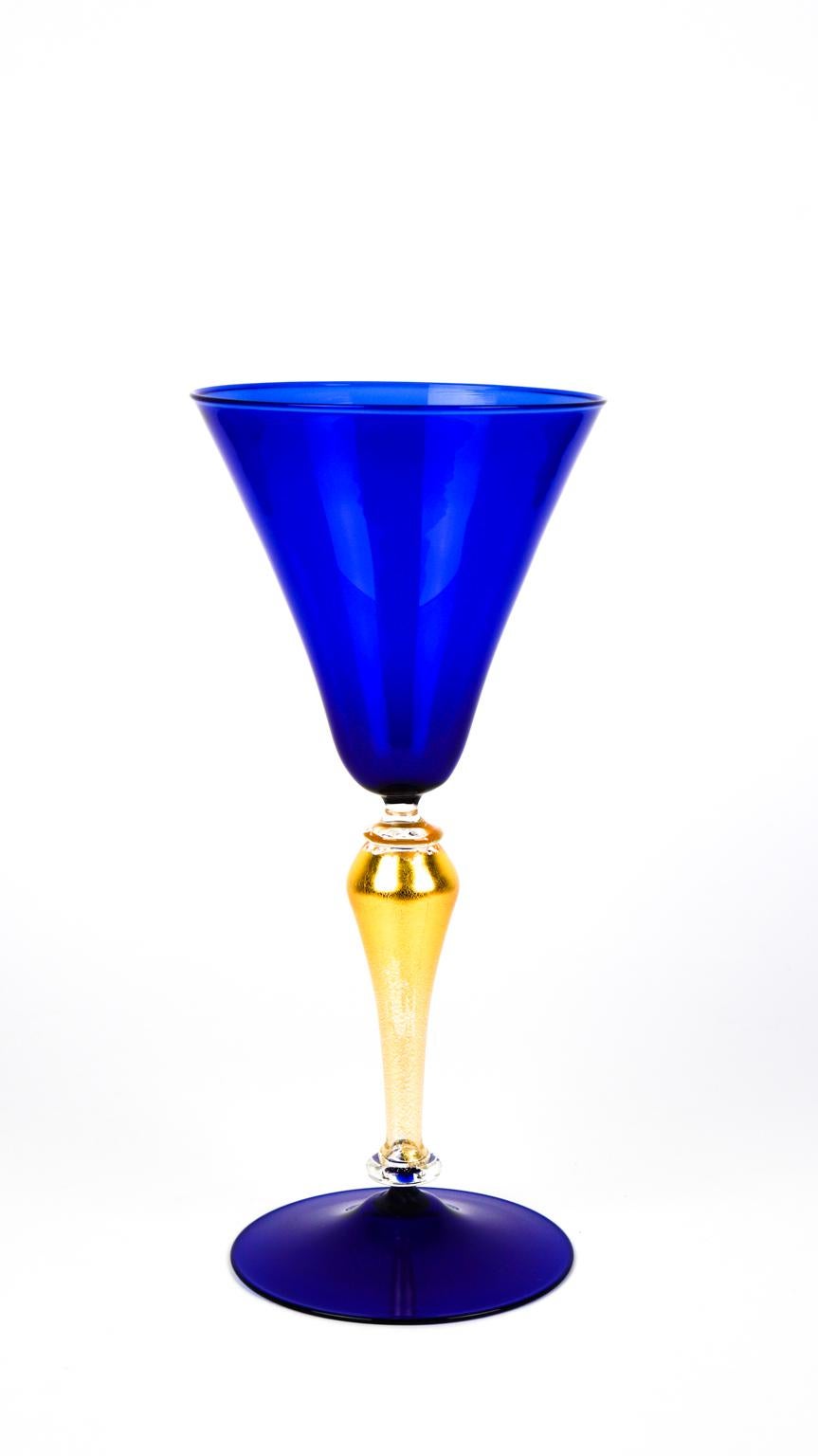 Mid-Century Modern Blue and Gold Set of Two Venetian Murano Glass Goblets, 1992s For Sale 4