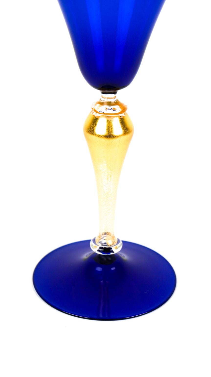 Mid-Century Modern Blue and Gold Set of Two Venetian Murano Glass Goblets, 1992s For Sale 7