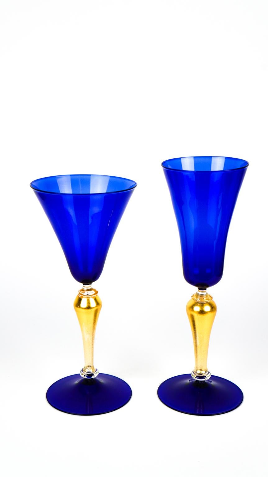 Mid-Century Modern Blue and Gold Set of Two Venetian Murano Glass Goblets, 1992s For Sale 9