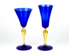Mid-Century Modern Blue and Gold Set of Two Venetian Murano Glass Goblets, 1992s