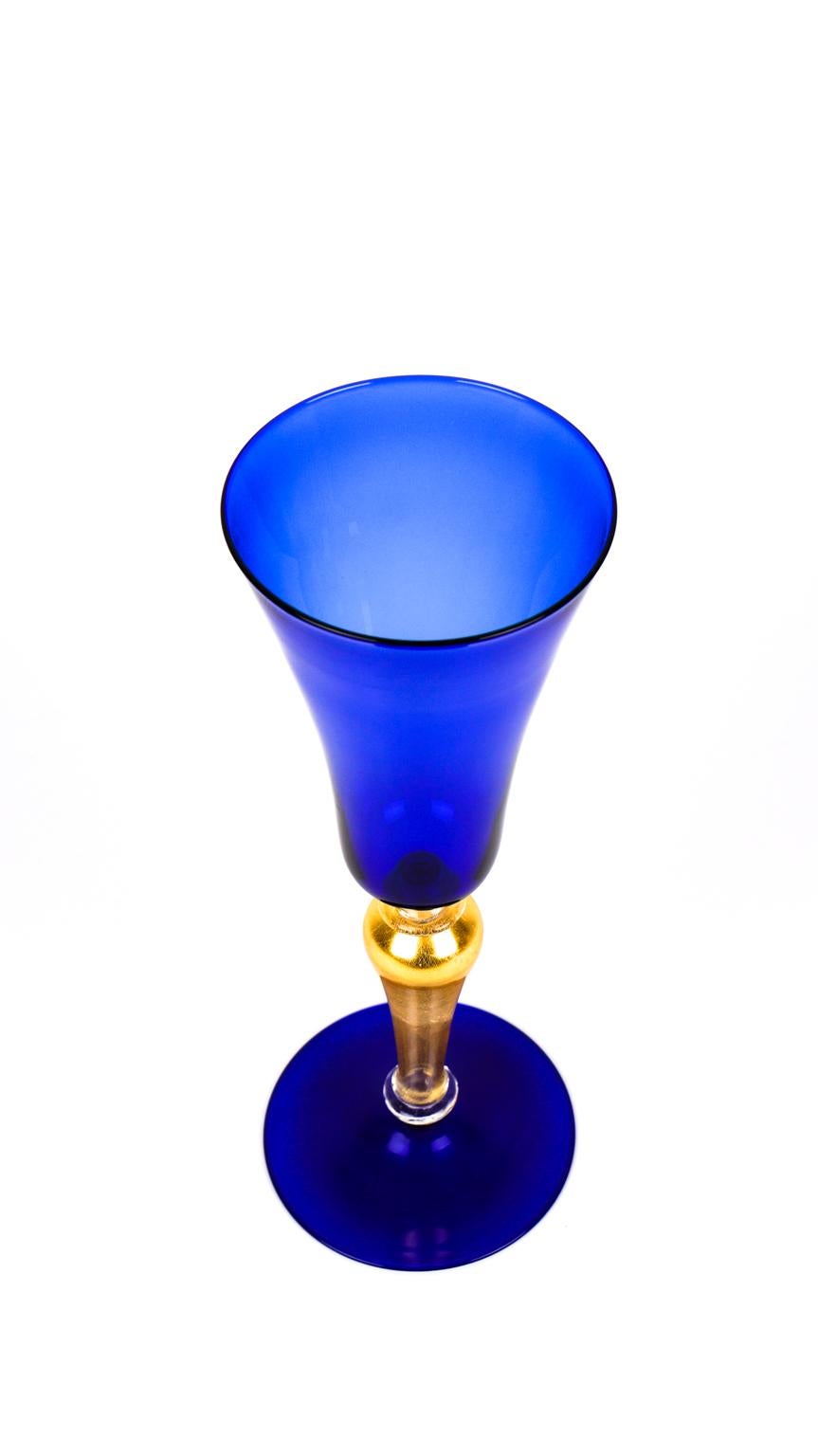 Blown Glass Mid-Century Modern Blue and Gold Set of Two Venetian Murano Glass Goblets, 1992s For Sale