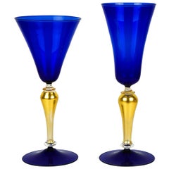 Mid-Century Modern Blue and Gold Set of Two Venetian Murano Glass Goblets, 1992s