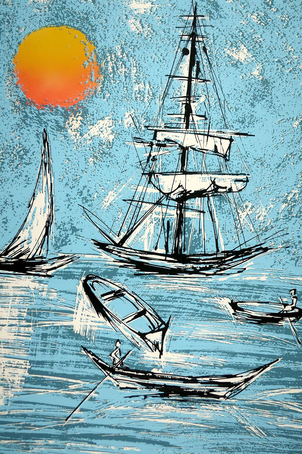 A vintage print of a sunny sailing scene printed in bright blues and oranges. The artist embraced the medium of the print and used the distortions of the printing process to bring energy and life to the composition. The print is hand signed &