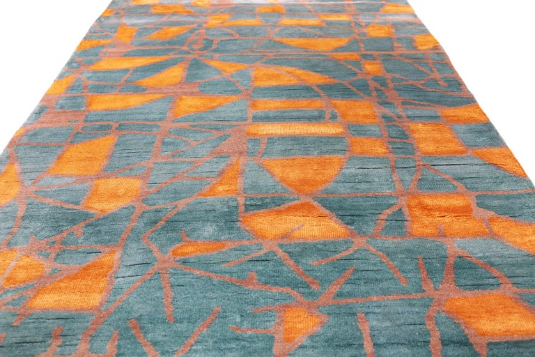 Mid-Century Modern Blue and Orange Wool and Silk Runner or Geometric