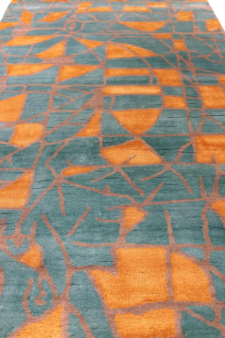 MidCentury Modern Blue and Orange Wool and Silk Runner or Geometric