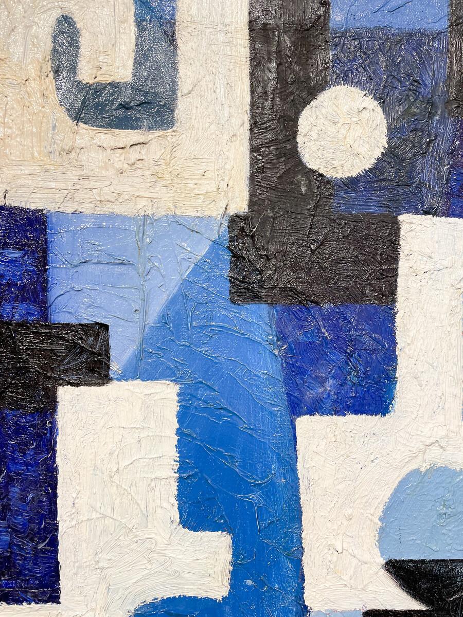 Mid-Century Modern blue and white abstract painting, 1958.