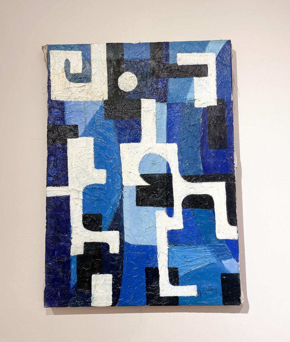 Mid-Century Modern Blue and White Abstract Painting, 1958 For Sale 3