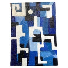 Vintage Mid-Century Modern Blue and White Abstract Painting, 1958