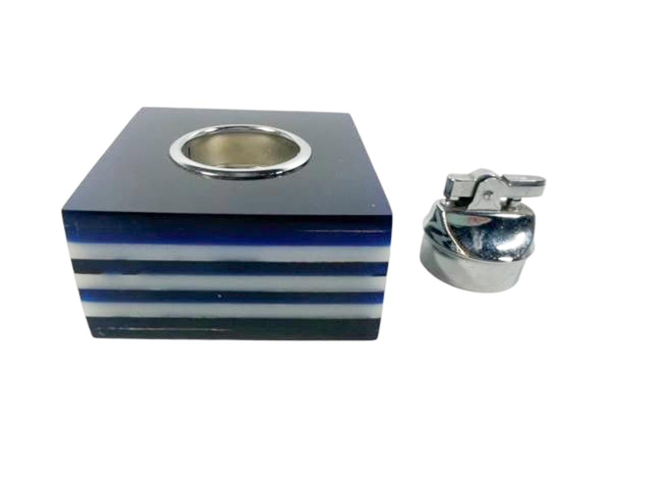 20th Century Mid Century Modern Blue and White Stacked Lucite Table Cigarette Lighter For Sale