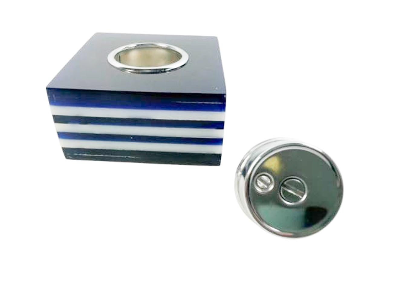 Metal Mid Century Modern Blue and White Stacked Lucite Table Cigarette Lighter For Sale