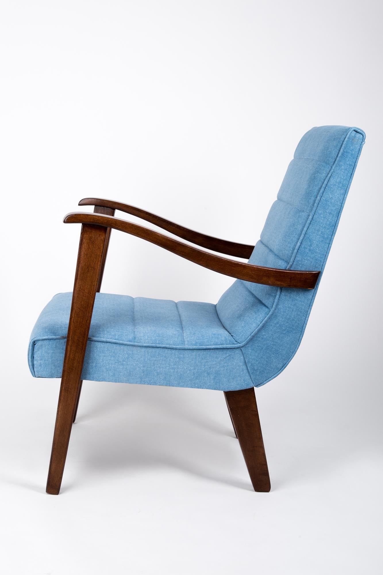 Textile Mid-Century Modern Blue Armchair by Prudnik Furniture Factory, Poland, 1960s For Sale