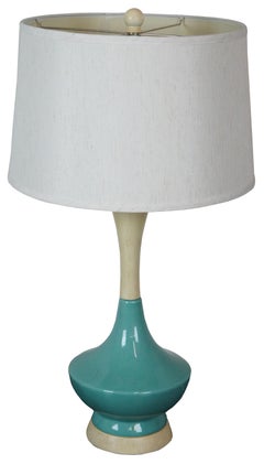 Mid-Century Modern Blue Ceramic and Pickled Oak Desk Table Lamp Atomic Boho MCM