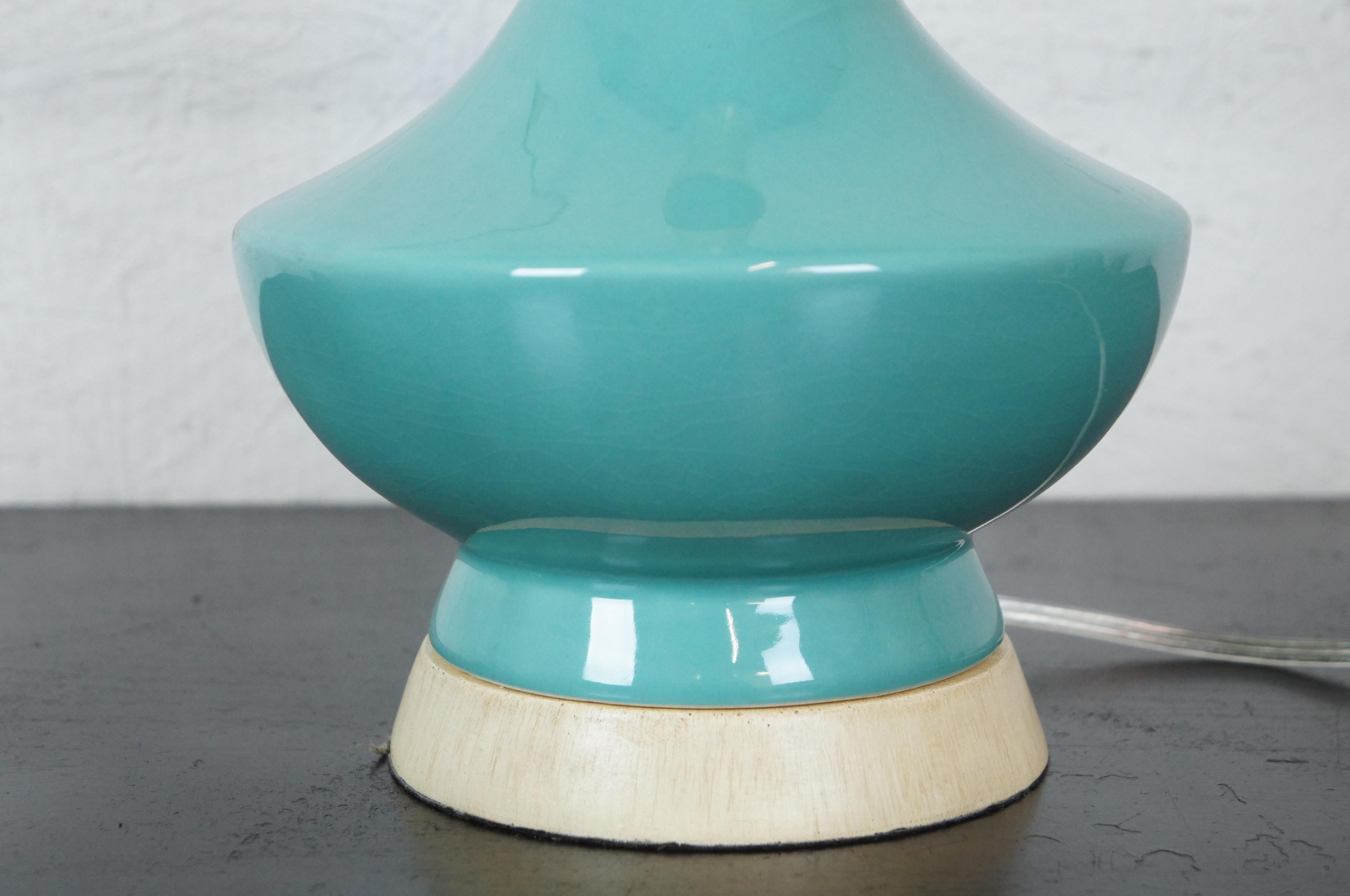 Mid-Century Modern Blue Ceramic and Pickled Oak Desk Table Lamp Atomic Boho MCM 1