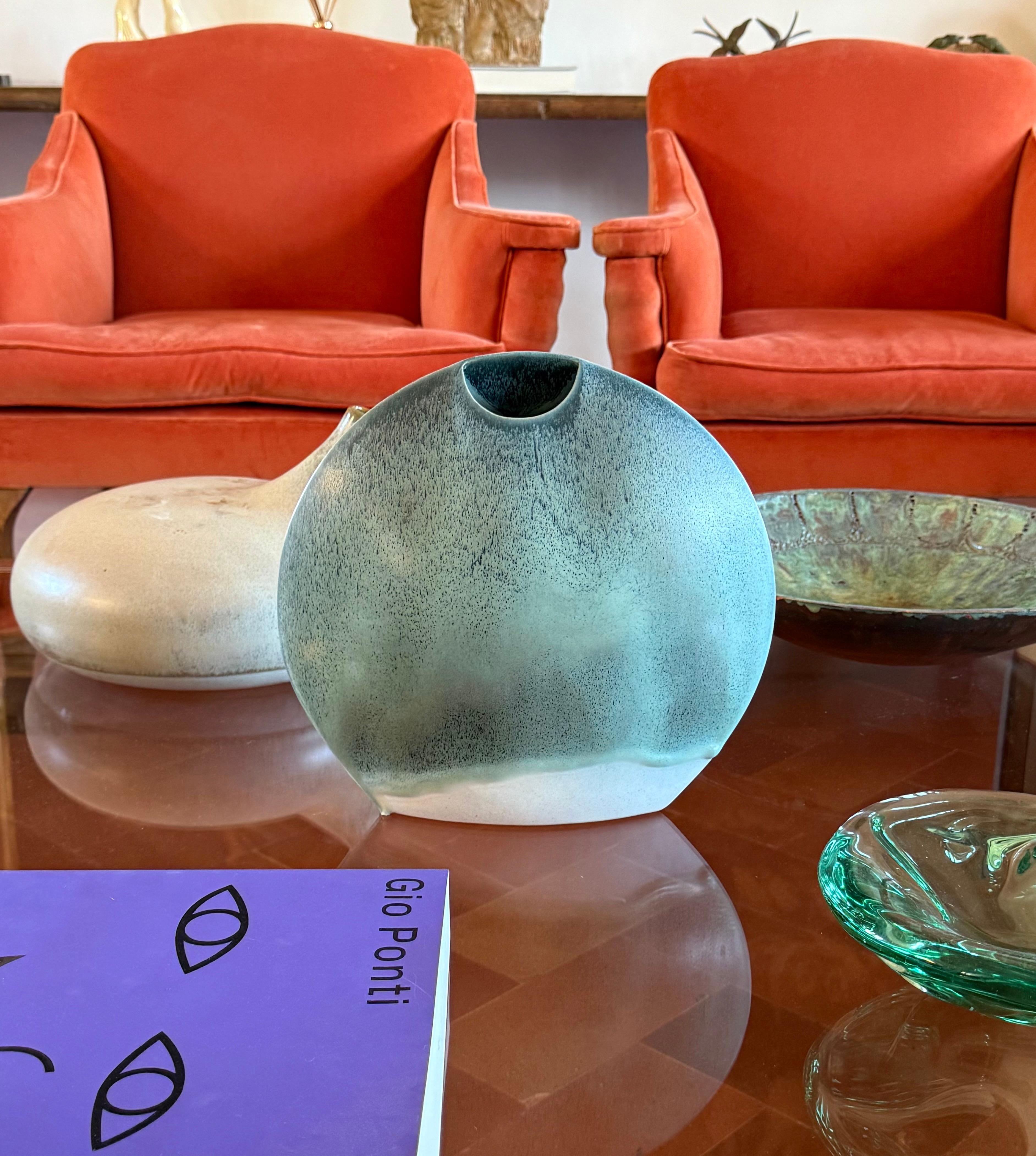 French Mid-century modern blue ceramic solifleur vase, France 1970 in vendita