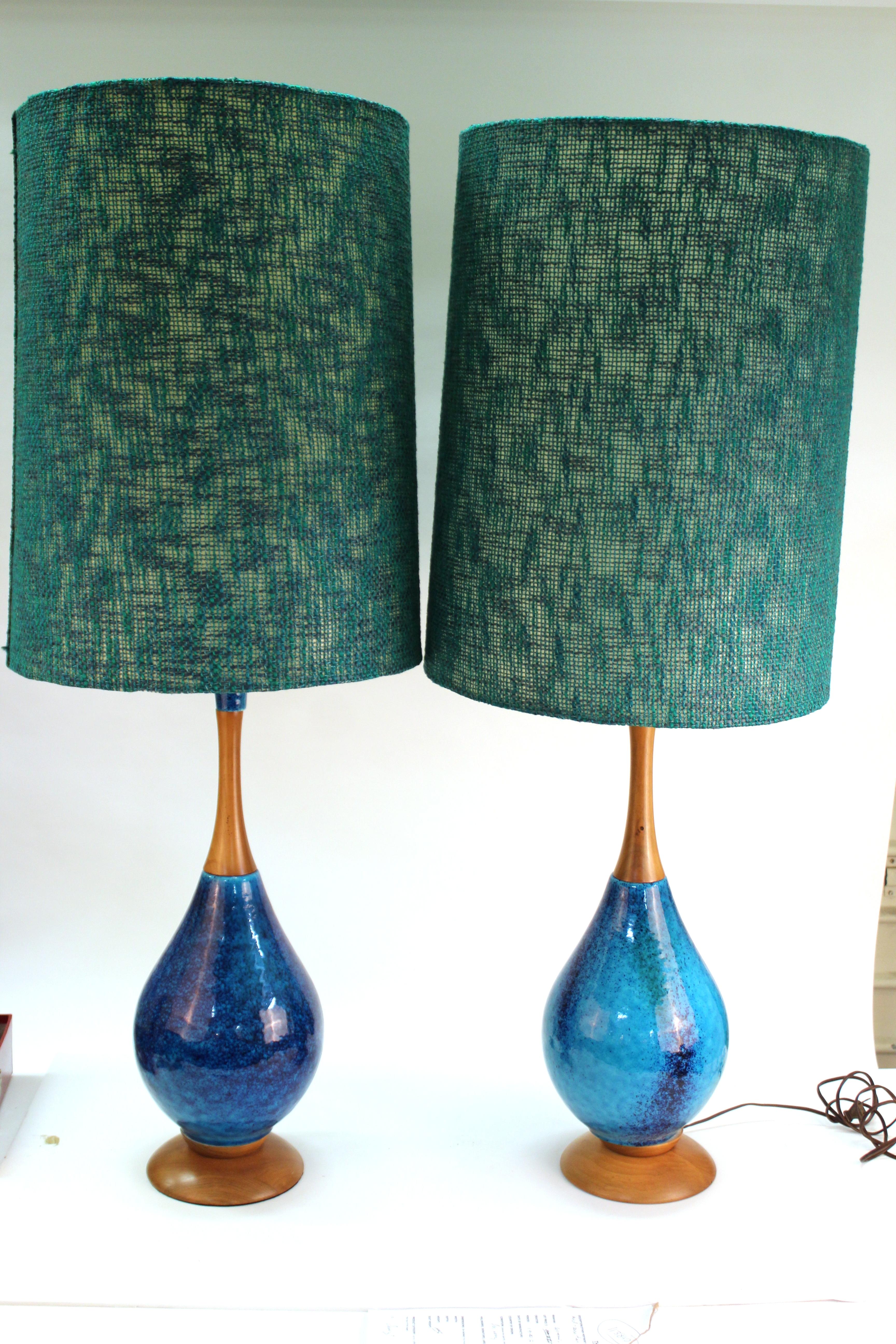 Mid-Century Modern Blue Ceramic and Teak Table Lamps with Fabric Shades 4