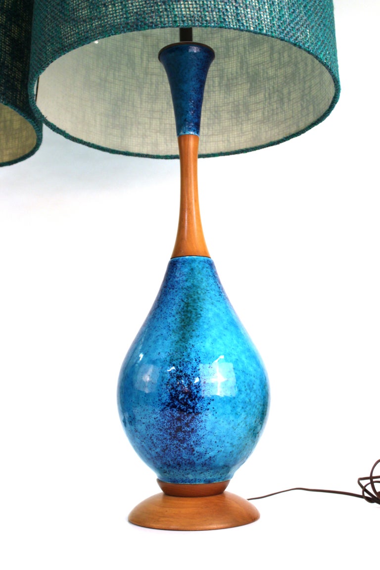 Mid-Century Modern Blue Ceramic and Teak Table Lamps with Fabric Shades ...