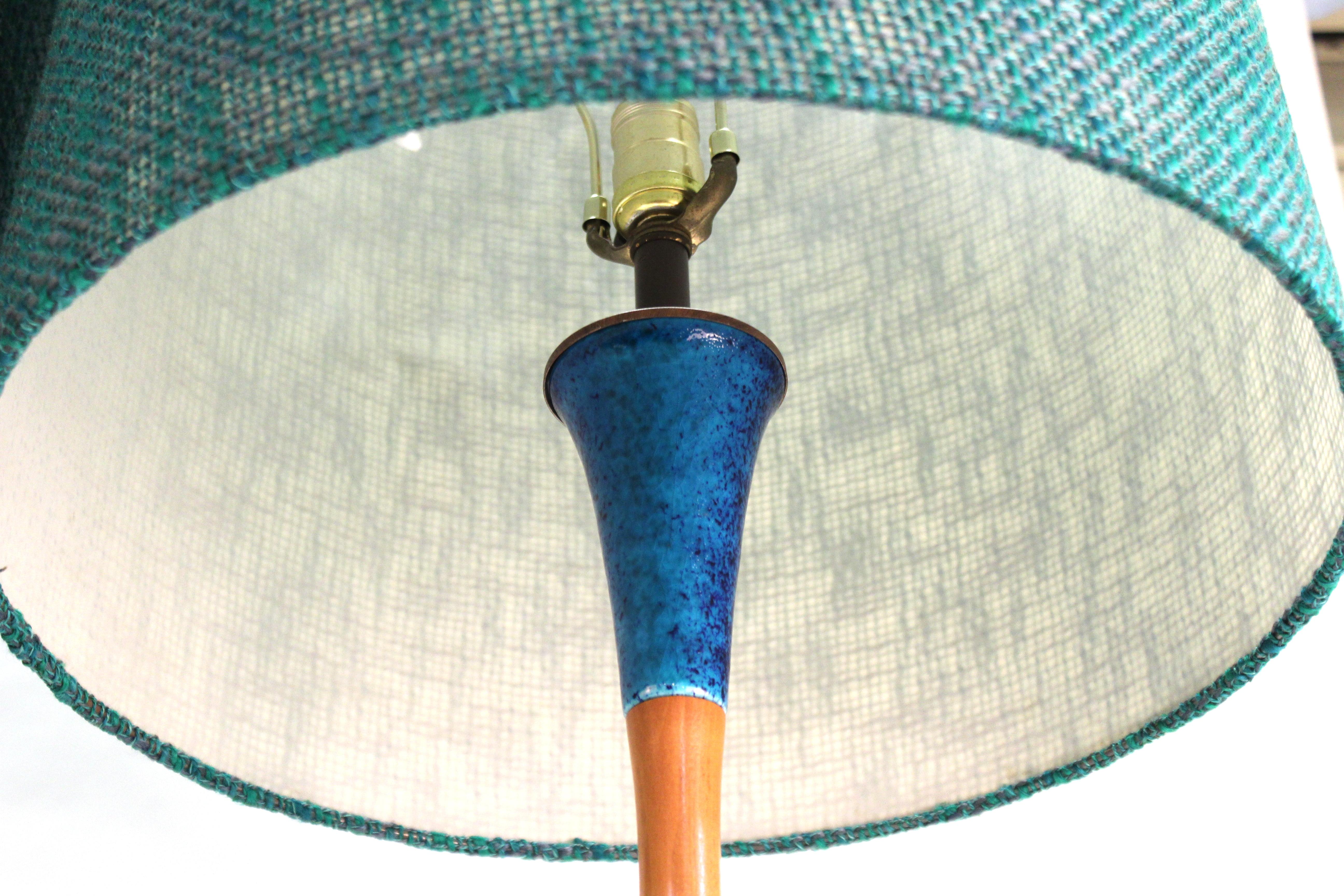 American Mid-Century Modern Blue Ceramic and Teak Table Lamps with Fabric Shades