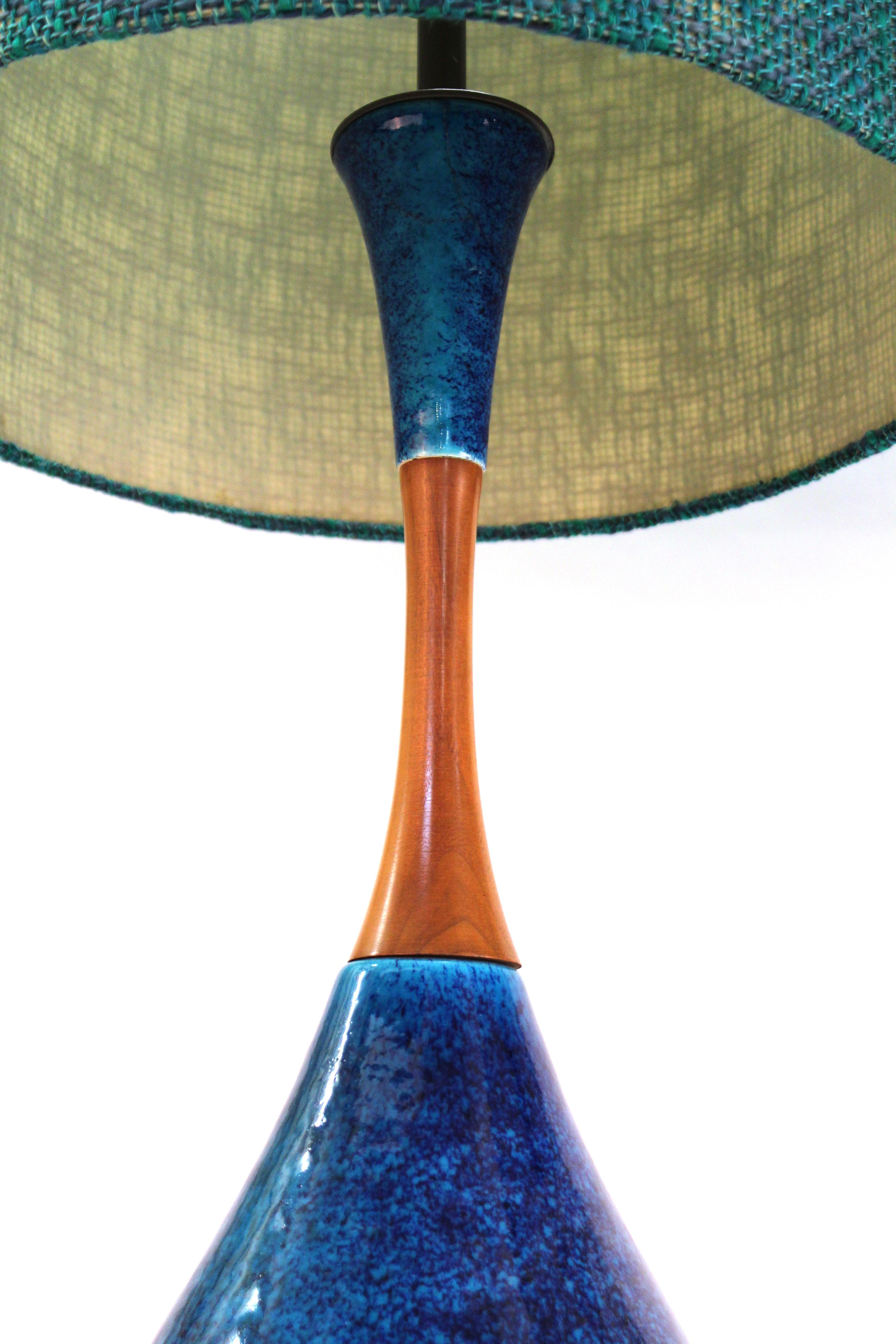 Mid-Century Modern Blue Ceramic and Teak Table Lamps with Fabric Shades In Good Condition In New York, NY