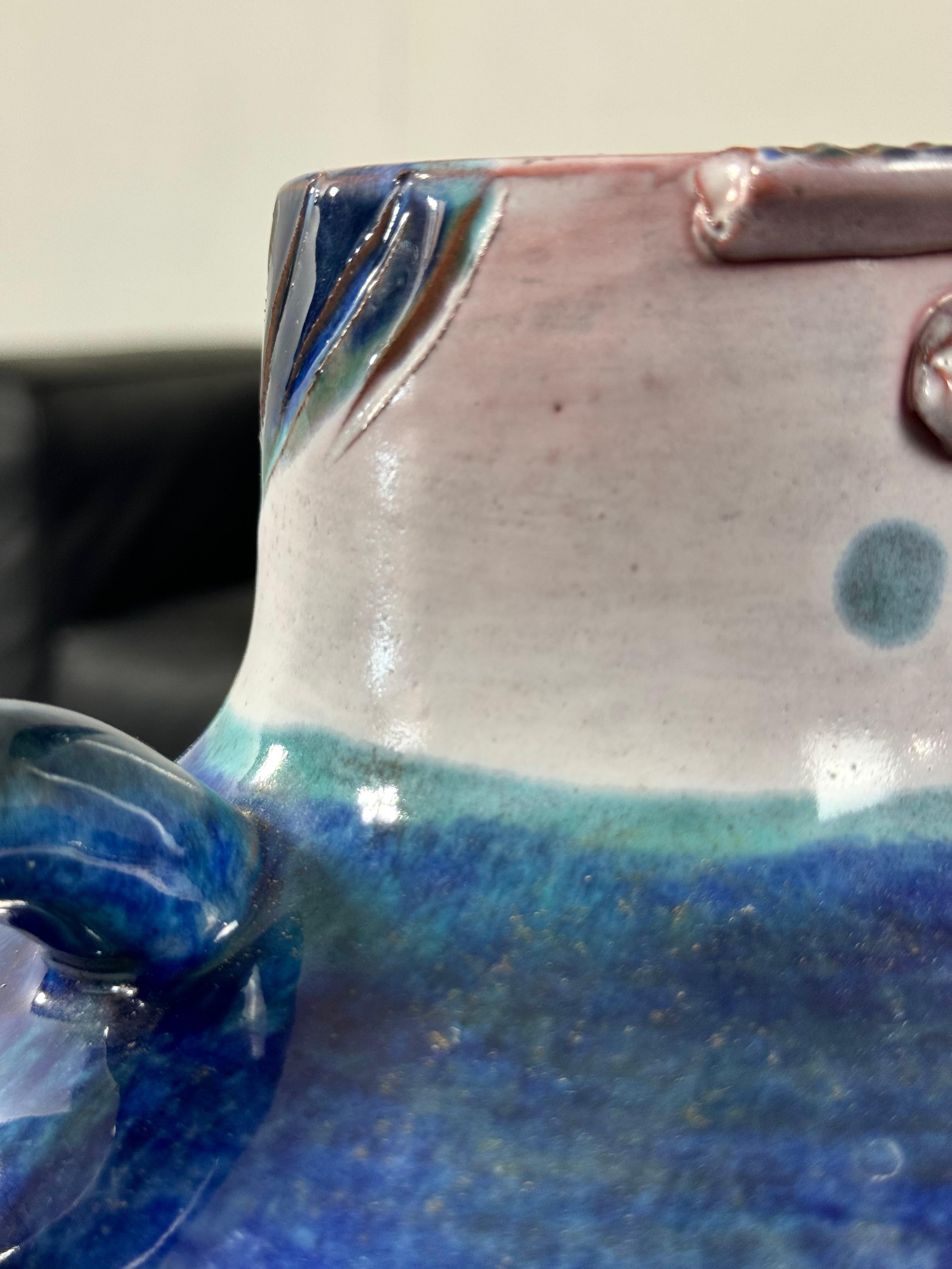 Mid-Century Modern Blue Ceramic Vase Robert & Jean Cloutier Sculptural Face 4