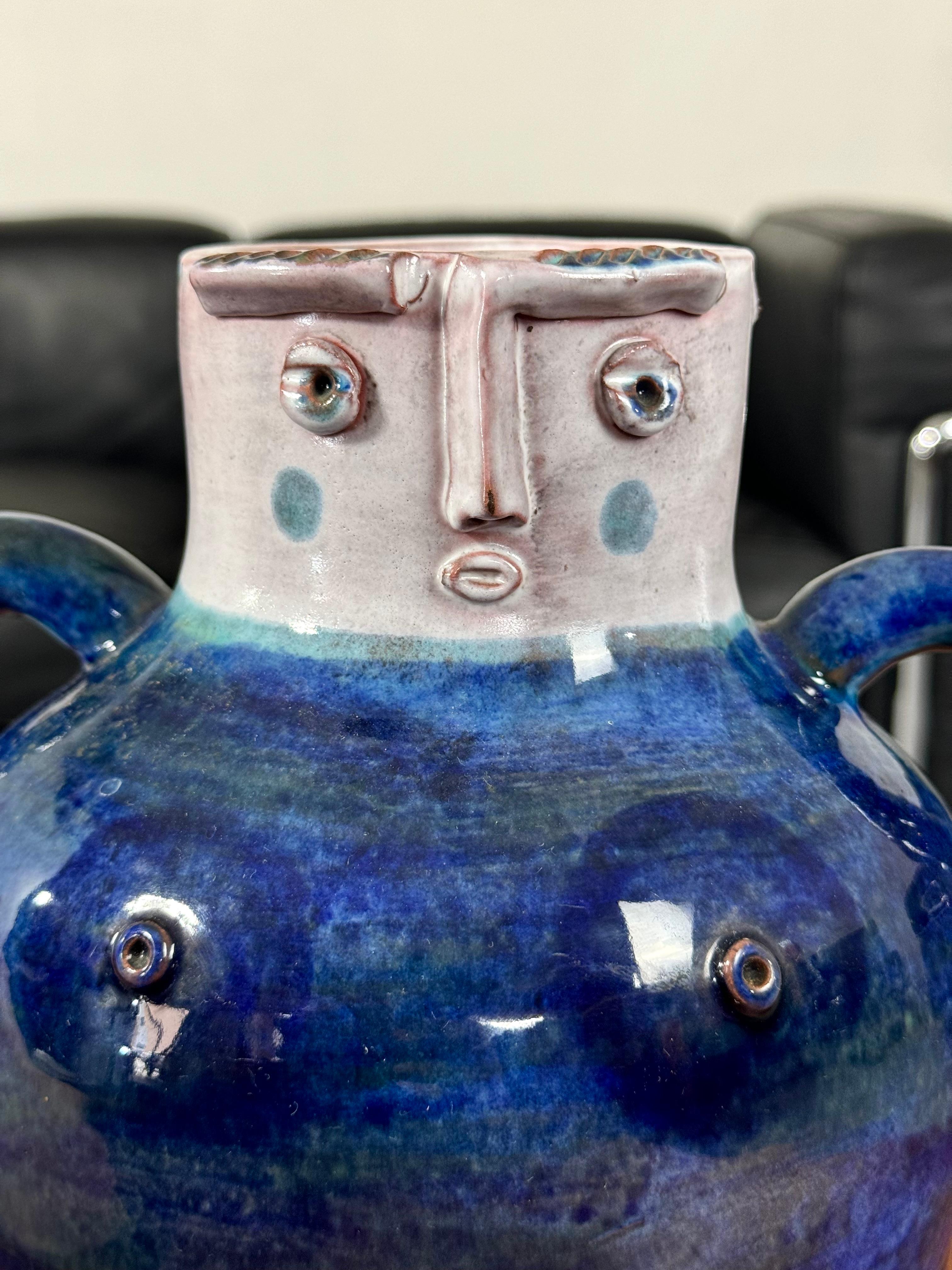 Mid-Century Modern Blue Ceramic Vase Robert & Jean Cloutier Sculptural Face 6