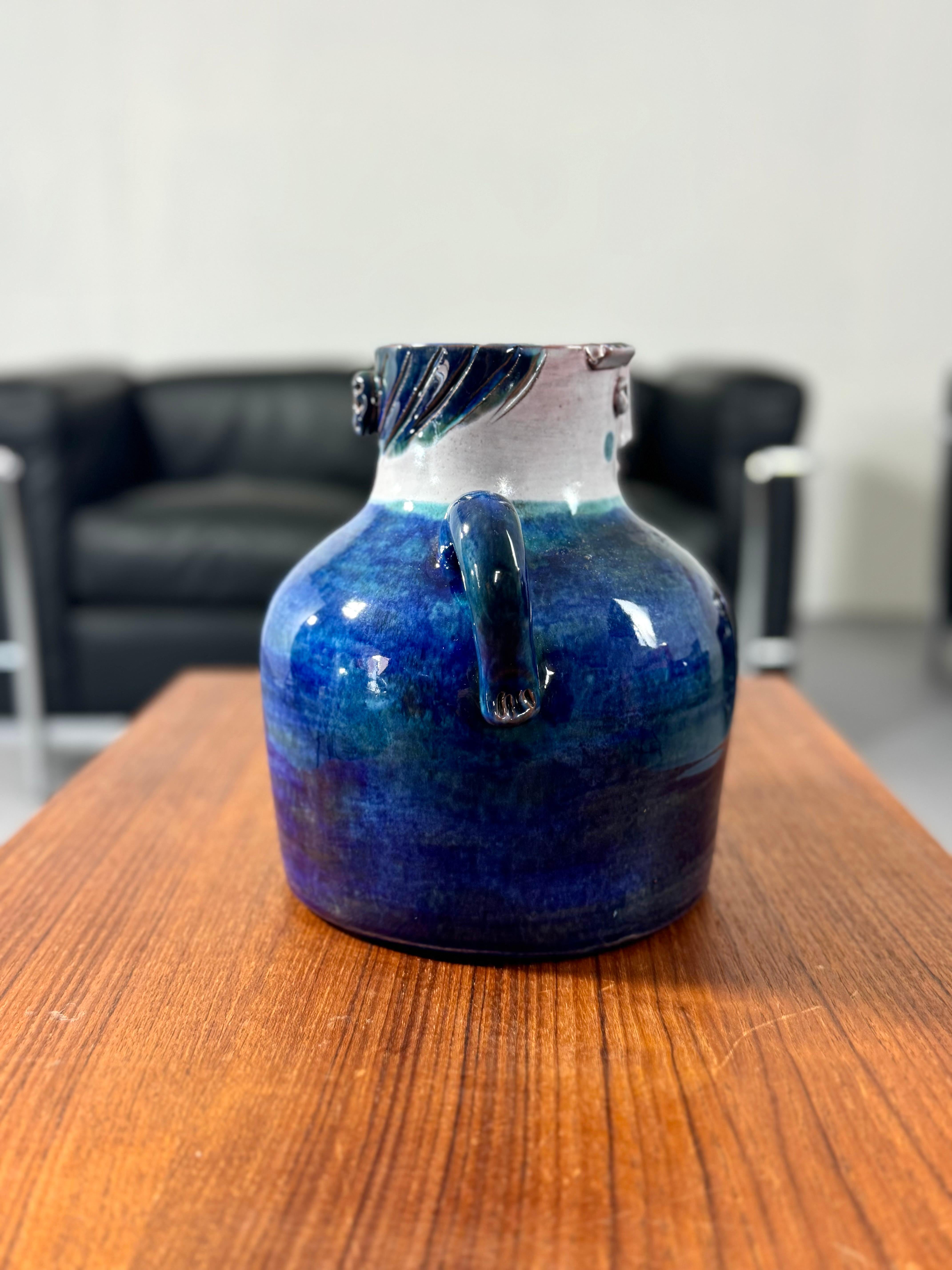 French Mid-Century Modern Blue Ceramic Vase Robert & Jean Cloutier Sculptural Face