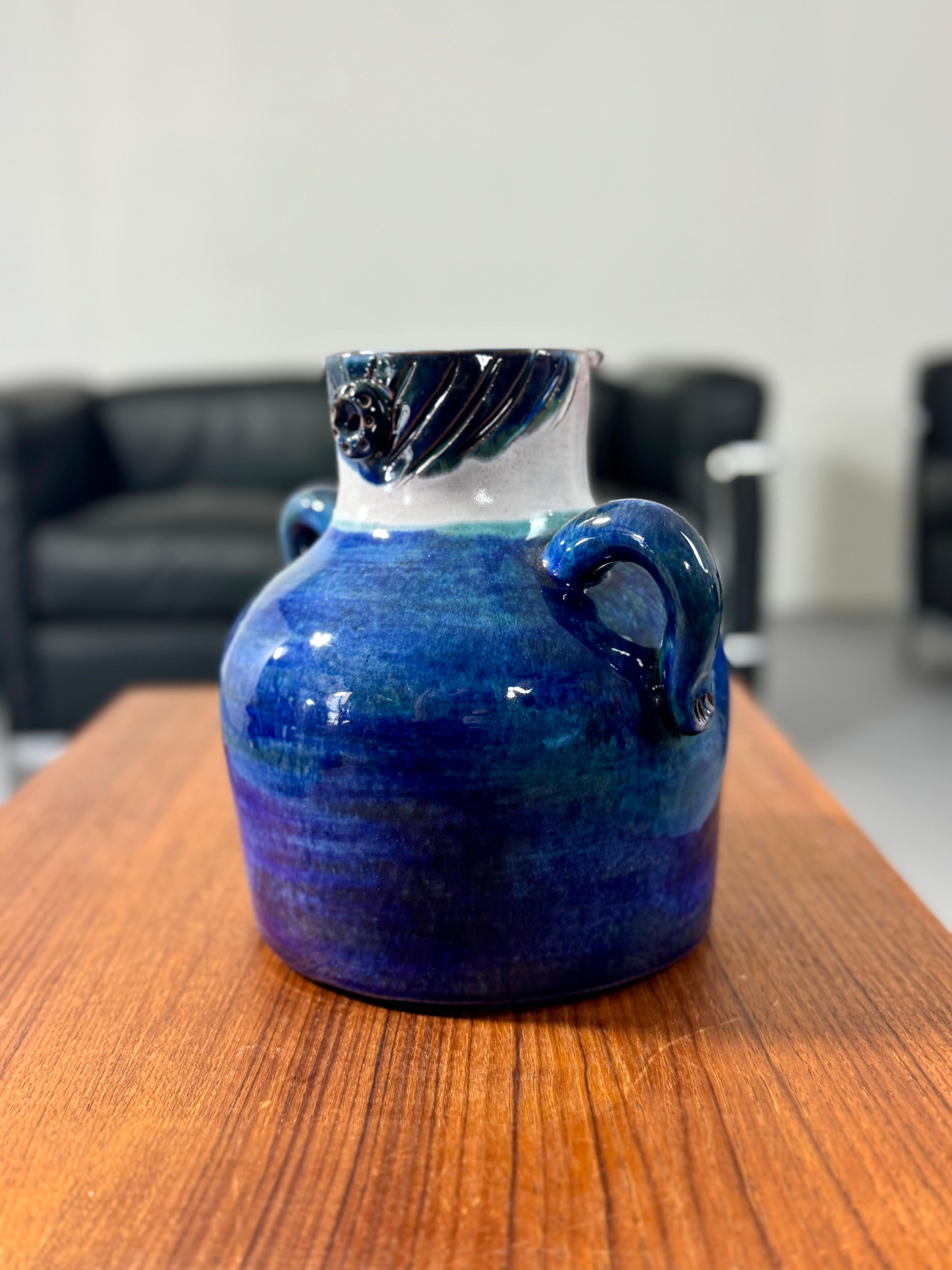 Glazed Mid-Century Modern Blue Ceramic Vase Robert & Jean Cloutier Sculptural Face