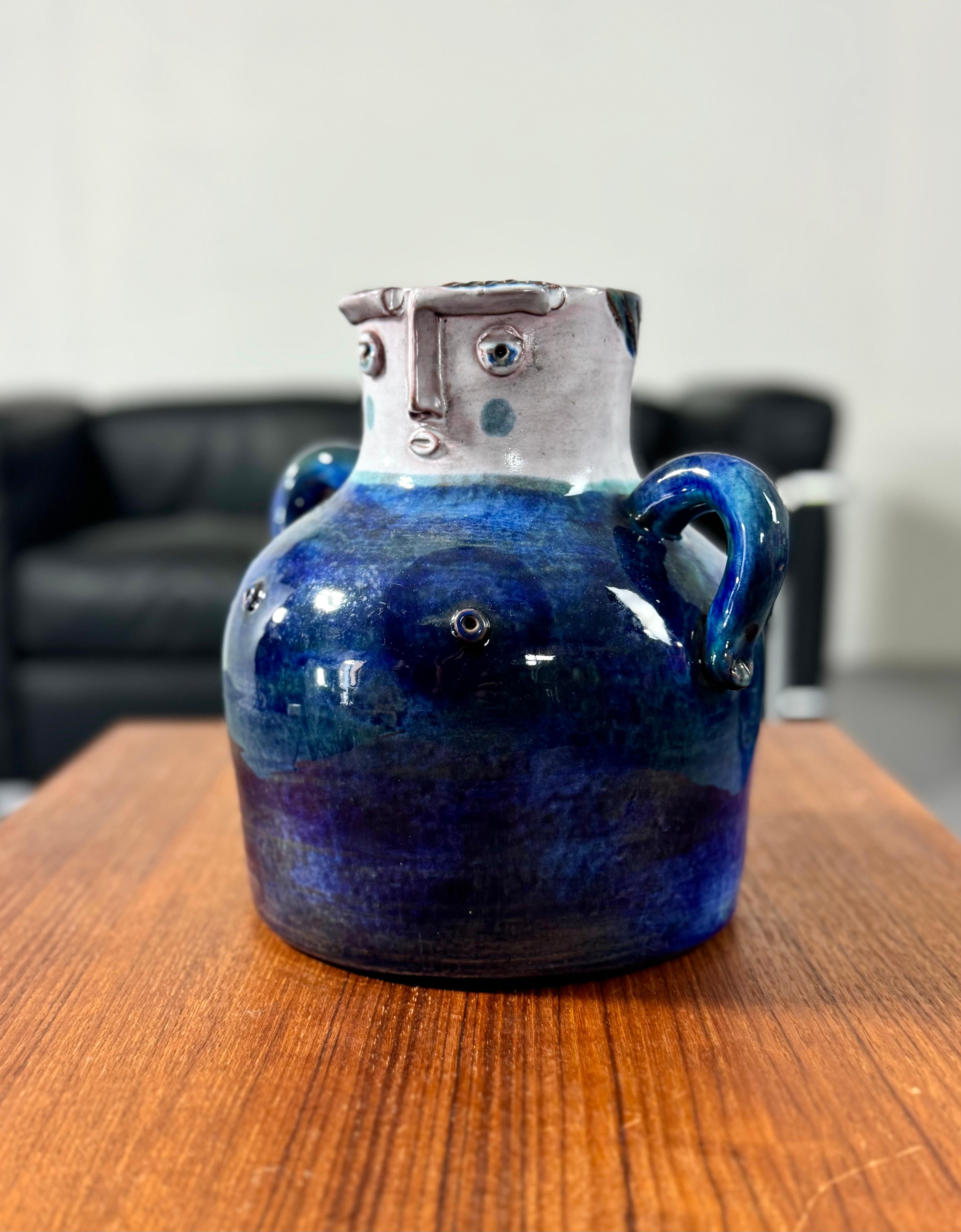 Mid-Century Modern Blue Ceramic Vase Robert & Jean Cloutier Sculptural Face 1