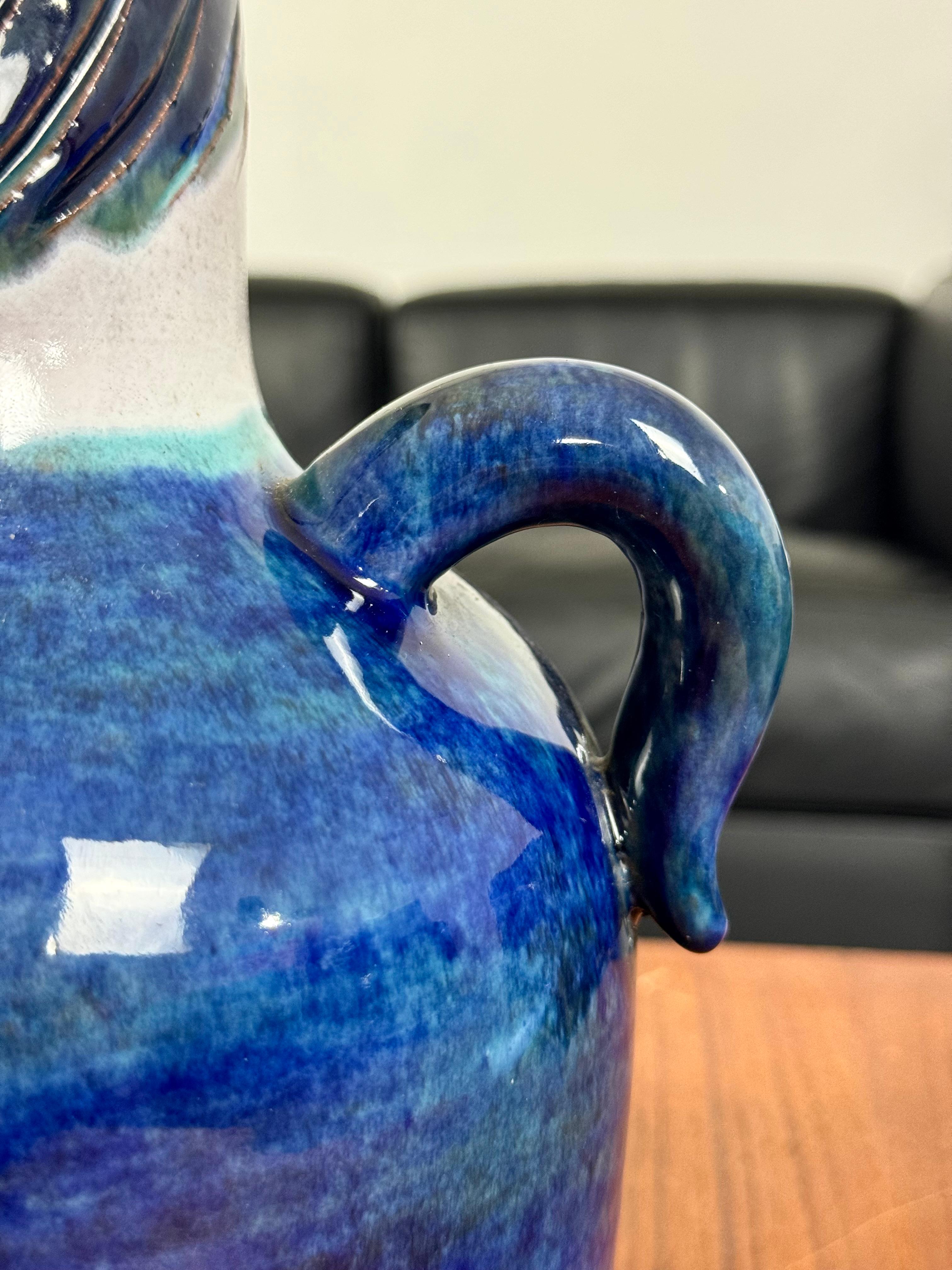 Mid-Century Modern Blue Ceramic Vase Robert & Jean Cloutier Sculptural Face 2