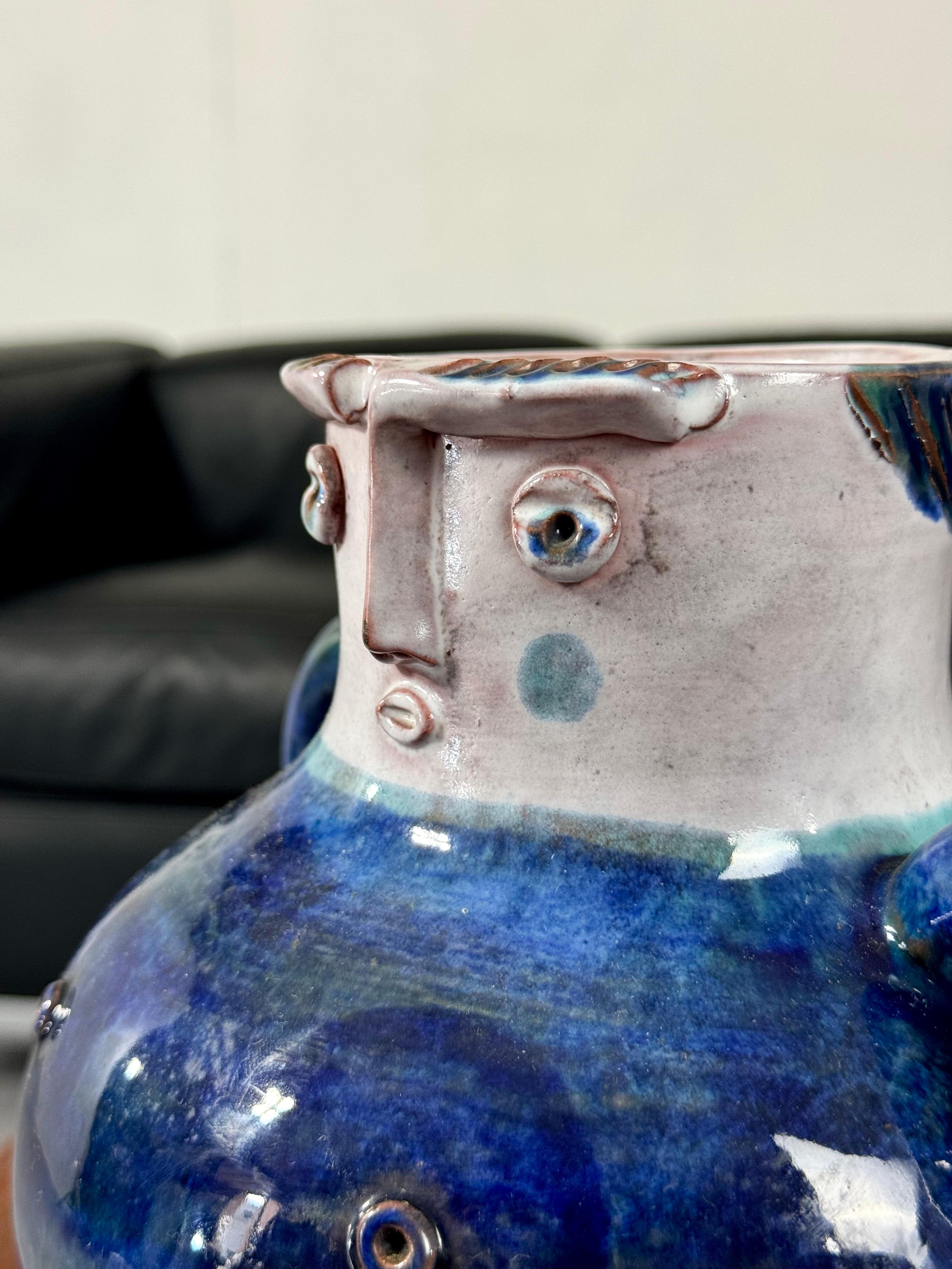 Mid-Century Modern Blue Ceramic Vase Robert & Jean Cloutier Sculptural Face 3