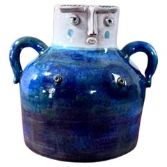 Mid-Century Modern Blue Ceramic Vase Robert & Jean Cloutier Sculptural Face