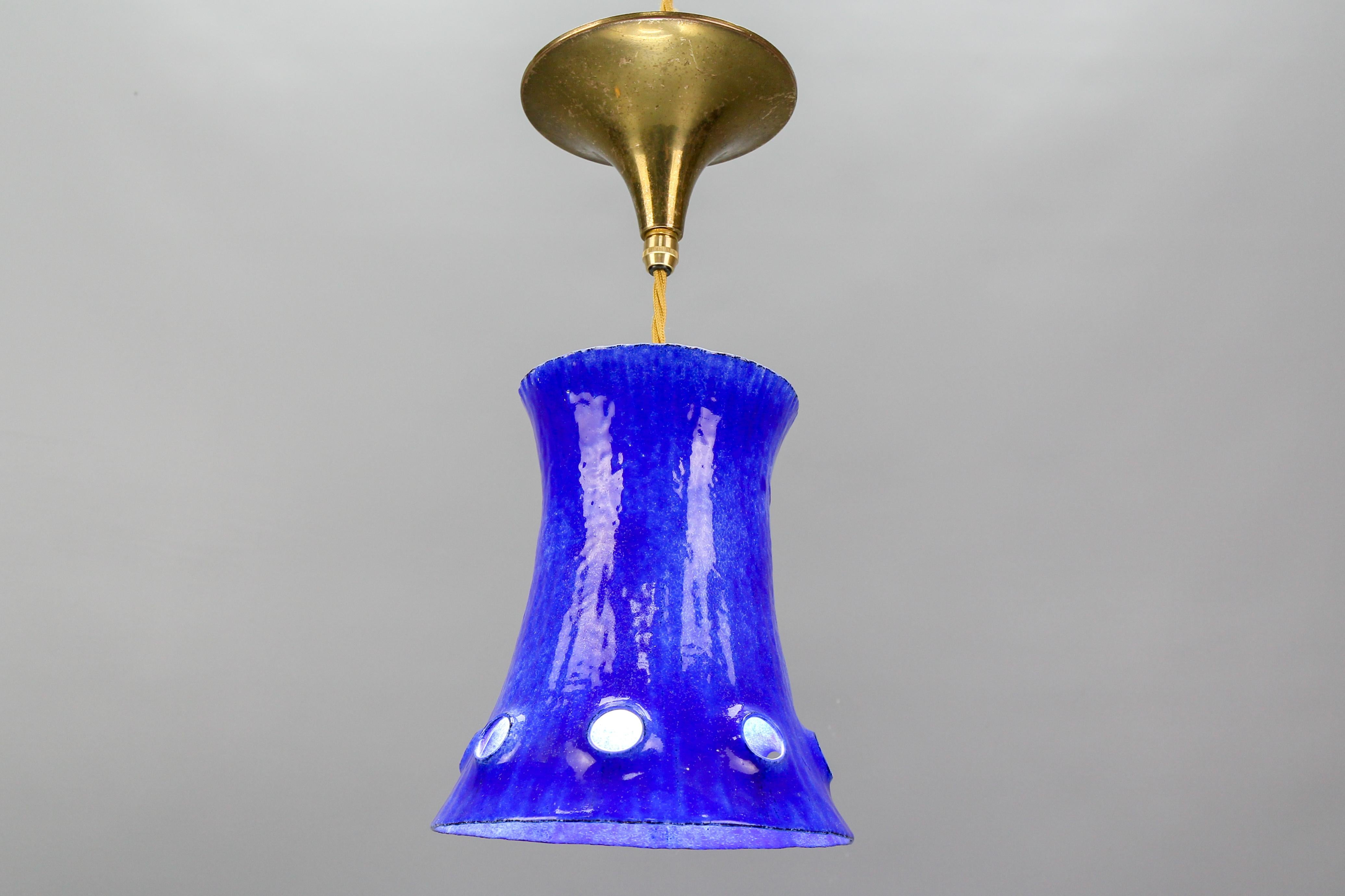 Mid-Century Modern Blue Enameled Iron Pendant Light Fixture For Sale 8
