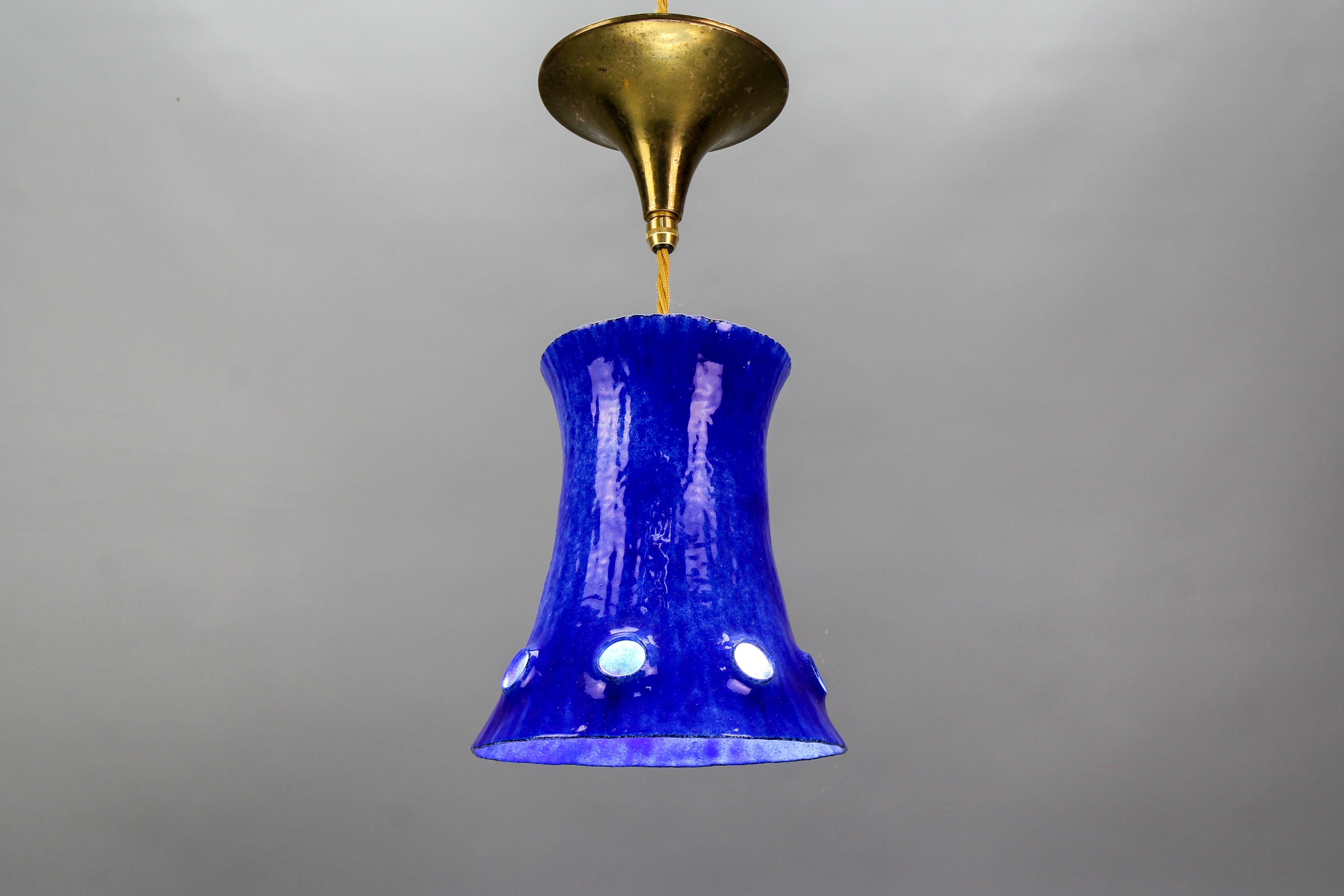 Mid-Century Modern Blue Enameled Iron Pendant Light Fixture For Sale 9