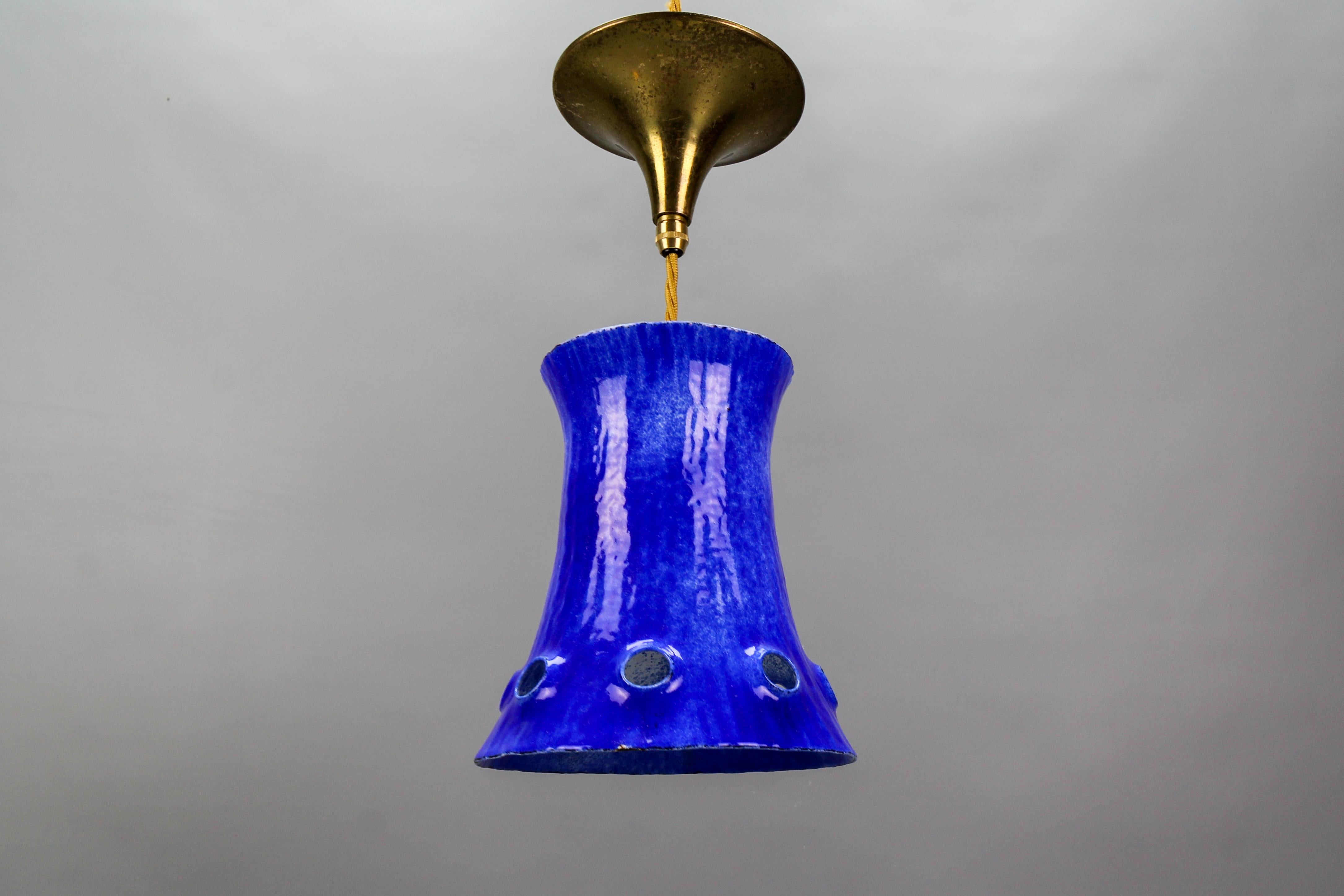 Mid-Century Modern Blue Enameled Iron Pendant Light Fixture For Sale 14