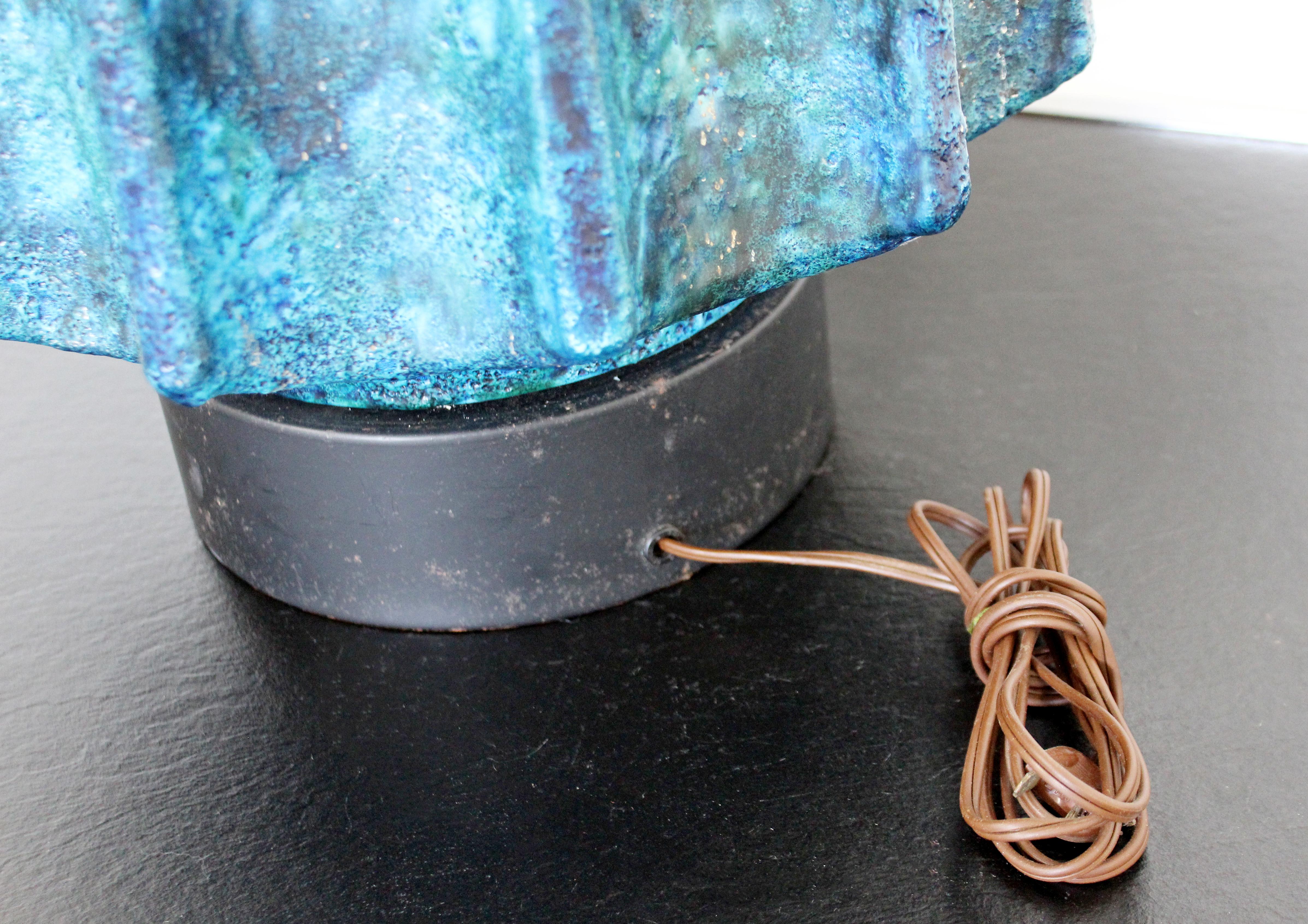 Mid-20th Century Mid-Century Modern Blue Fat Lava Drip Glazed Ceramic Table Lamp Brass Finial