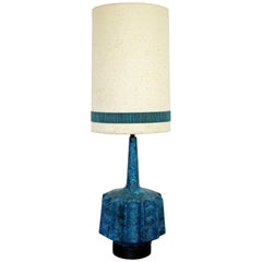Vintage Mid-Century Modern Blue Fat Lava Drip Glazed Ceramic Table Lamp Brass Finial