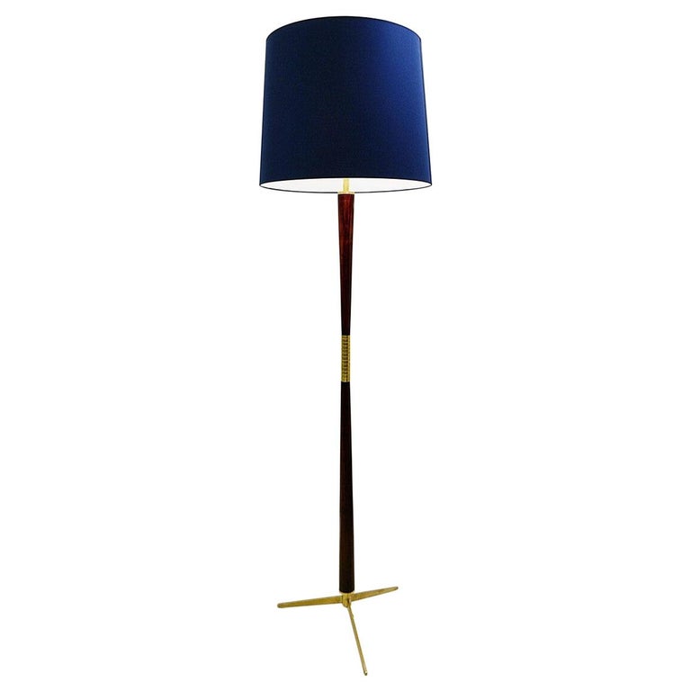 MidCentury Modern Blue Floor Lamp, in Wood and Brass, Italy, 1950s For