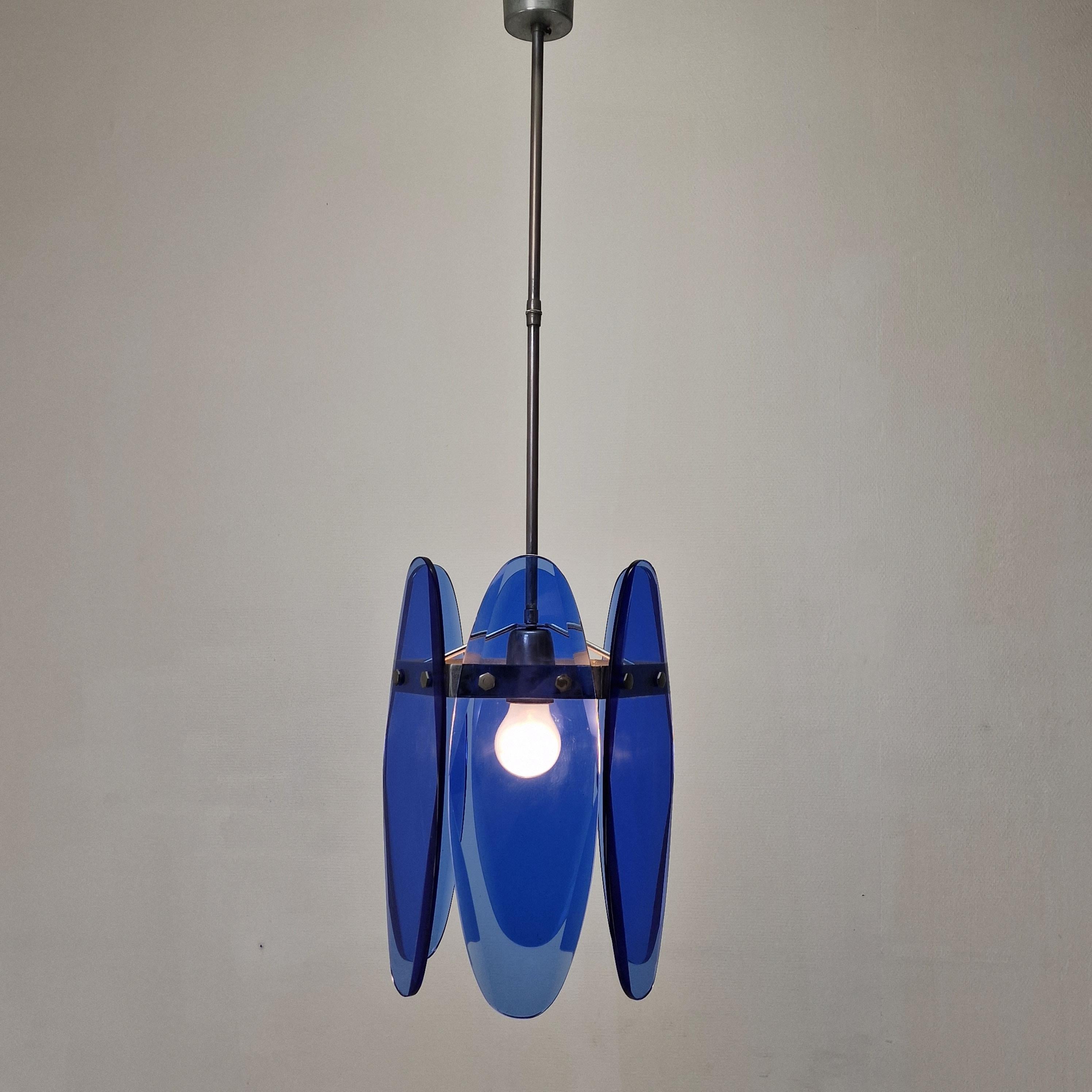 Italian Mid-Century Modern Blue Glass Chandelier or Pendant by Veca, Italy 1970's For Sale
