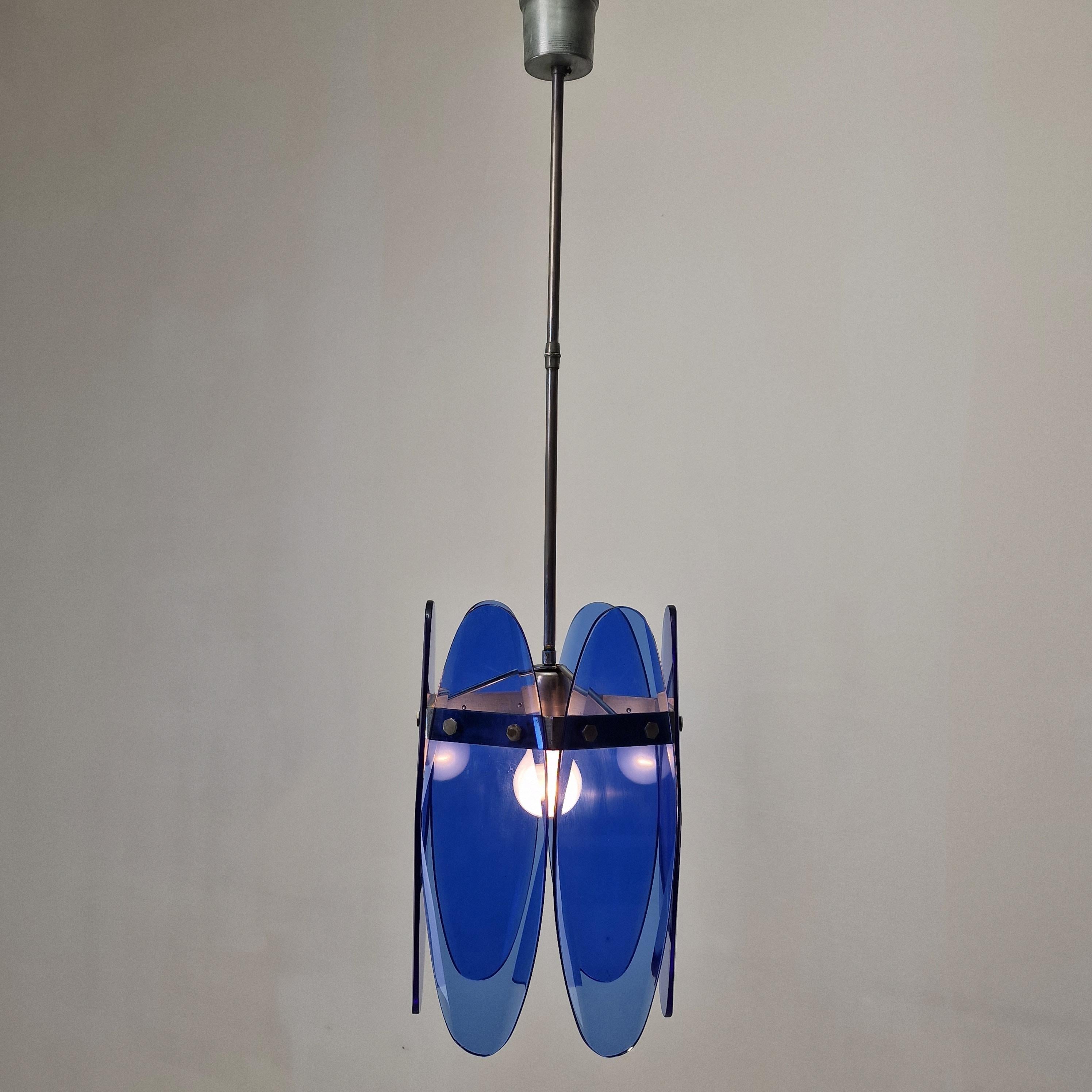 Hand-Crafted Mid-Century Modern Blue Glass Chandelier or Pendant by Veca, Italy 1970's For Sale