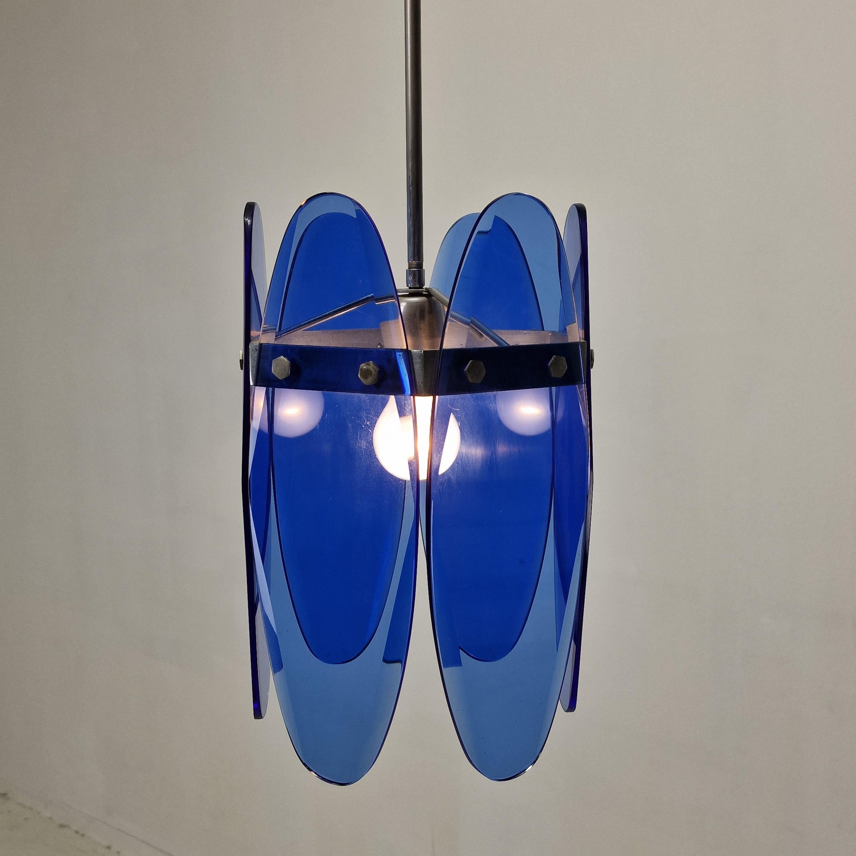 Late 20th Century Mid-Century Modern Blue Glass Chandelier or Pendant by Veca, Italy 1970's For Sale