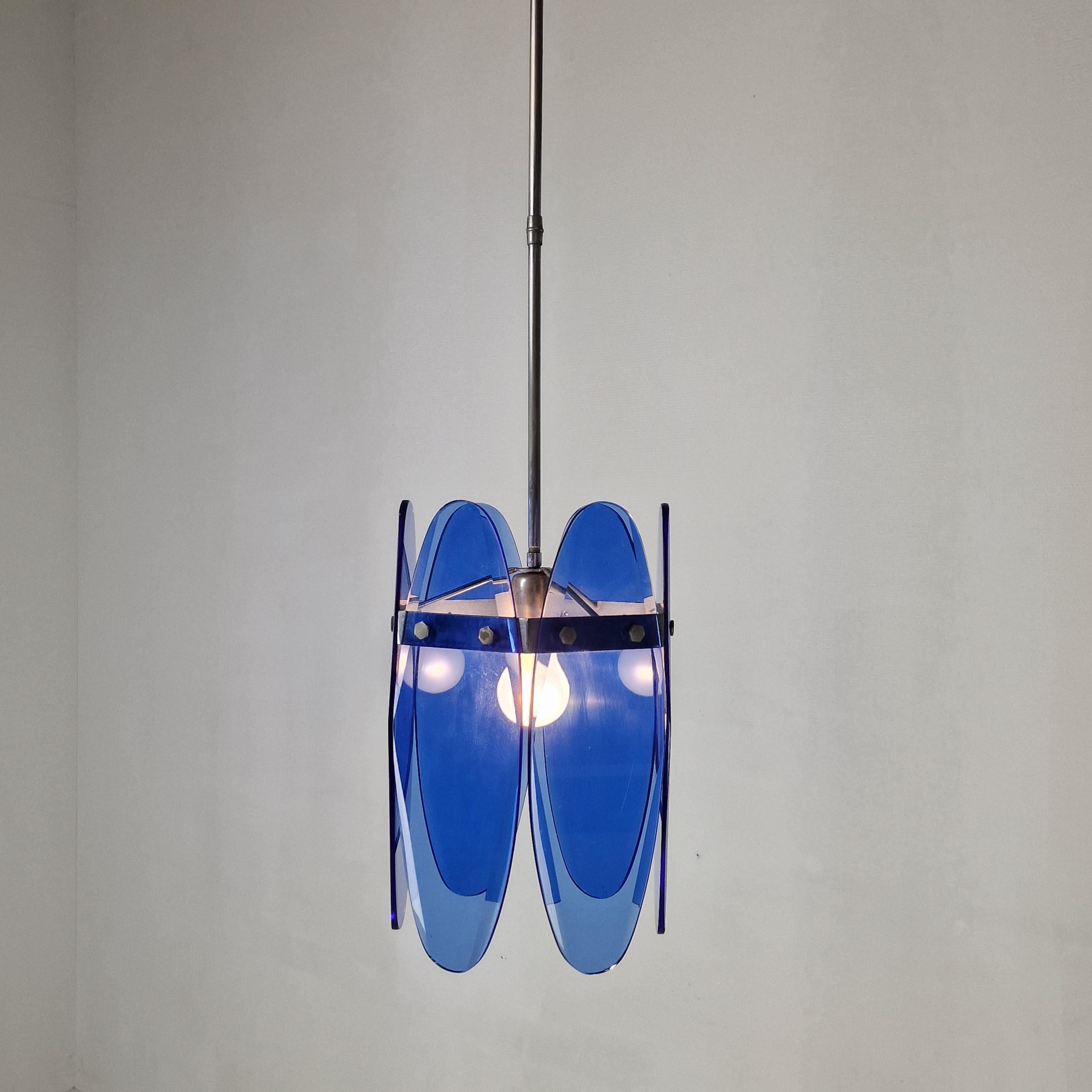 Mid-Century Modern Blue Glass Chandelier or Pendant by Veca, Italy 1970's For Sale 2