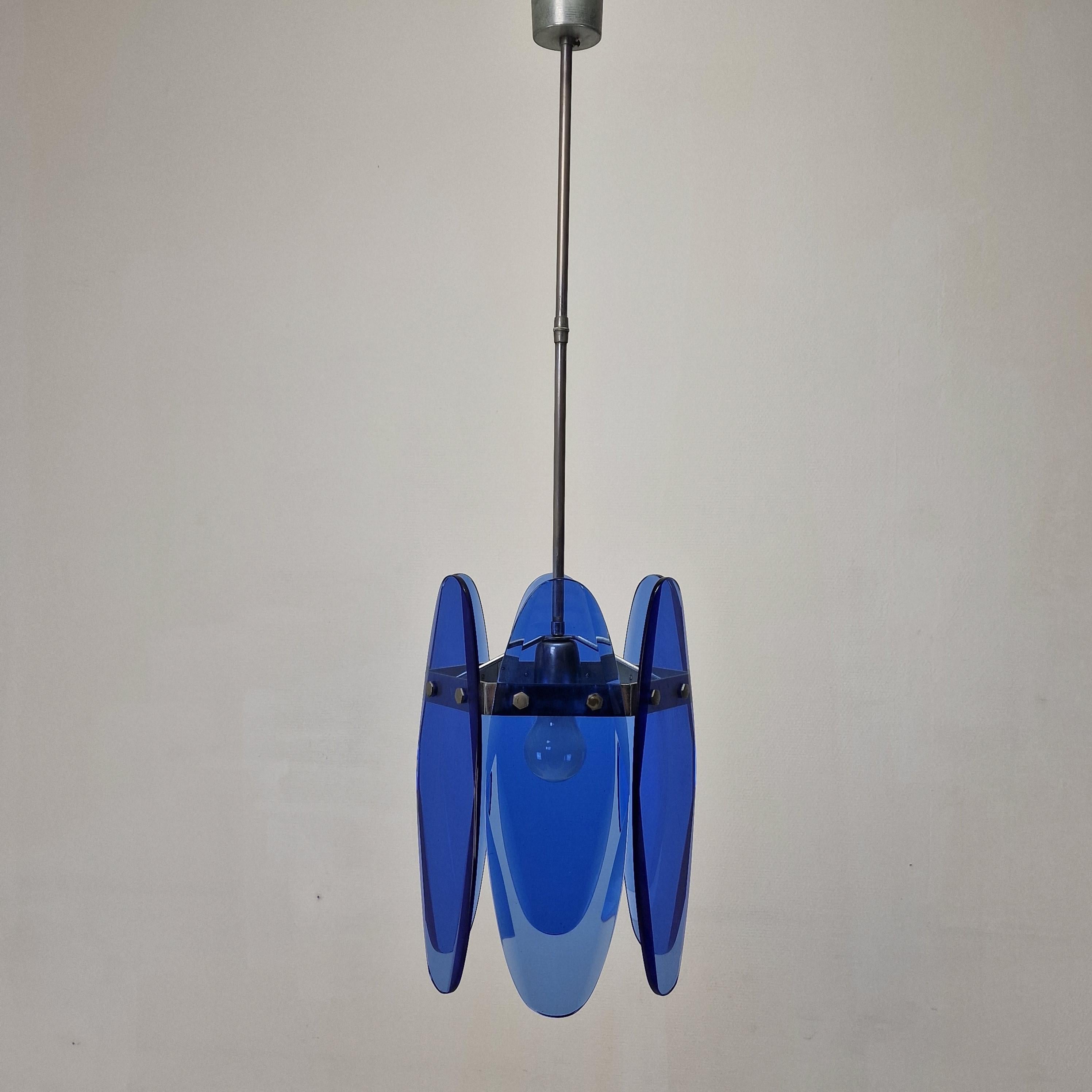 Mid-Century Modern Blue Glass Chandelier or Pendant by Veca, Italy 1970's For Sale 3