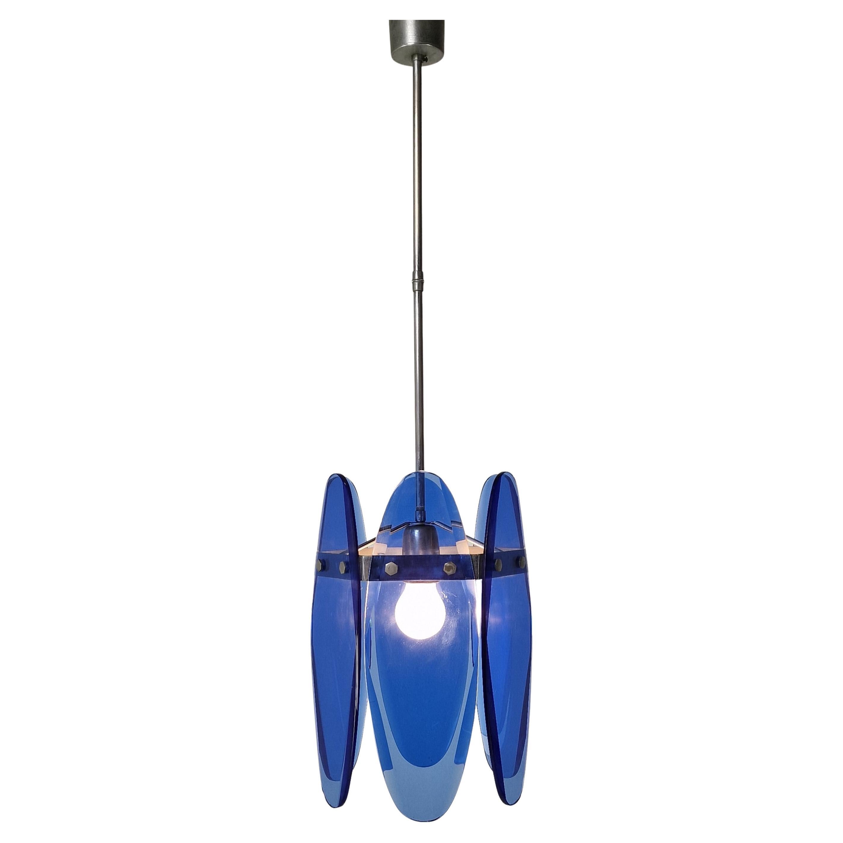Mid-Century Modern Blue Glass Chandelier or Pendant by Veca, Italy 1970's For Sale