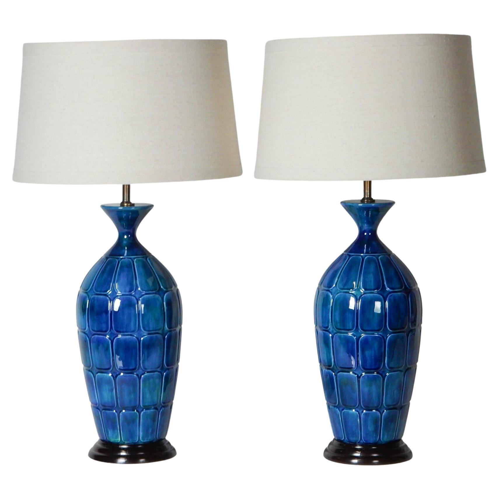 Mid-Century Modern Blue Glazed Ceramic Bottle Lamps In Good Condition In Las Vegas, NV