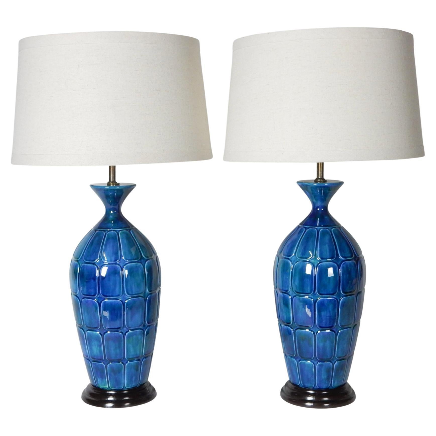 Mid-Century Modern Blue Glazed Ceramic Bottle Lamps