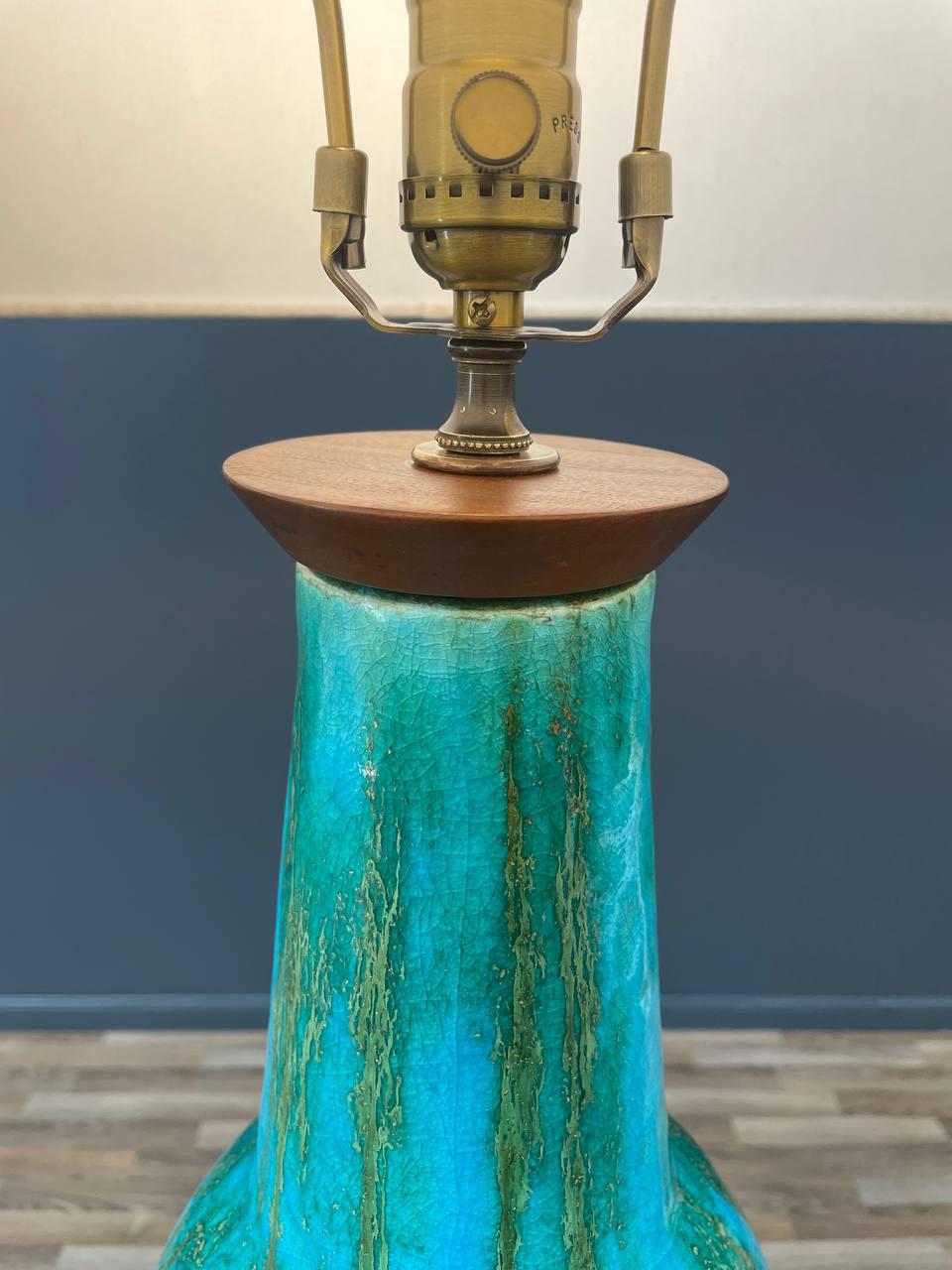 Mid-Century Modern Blue Glazed Ceramic Table Lamp For Sale 1