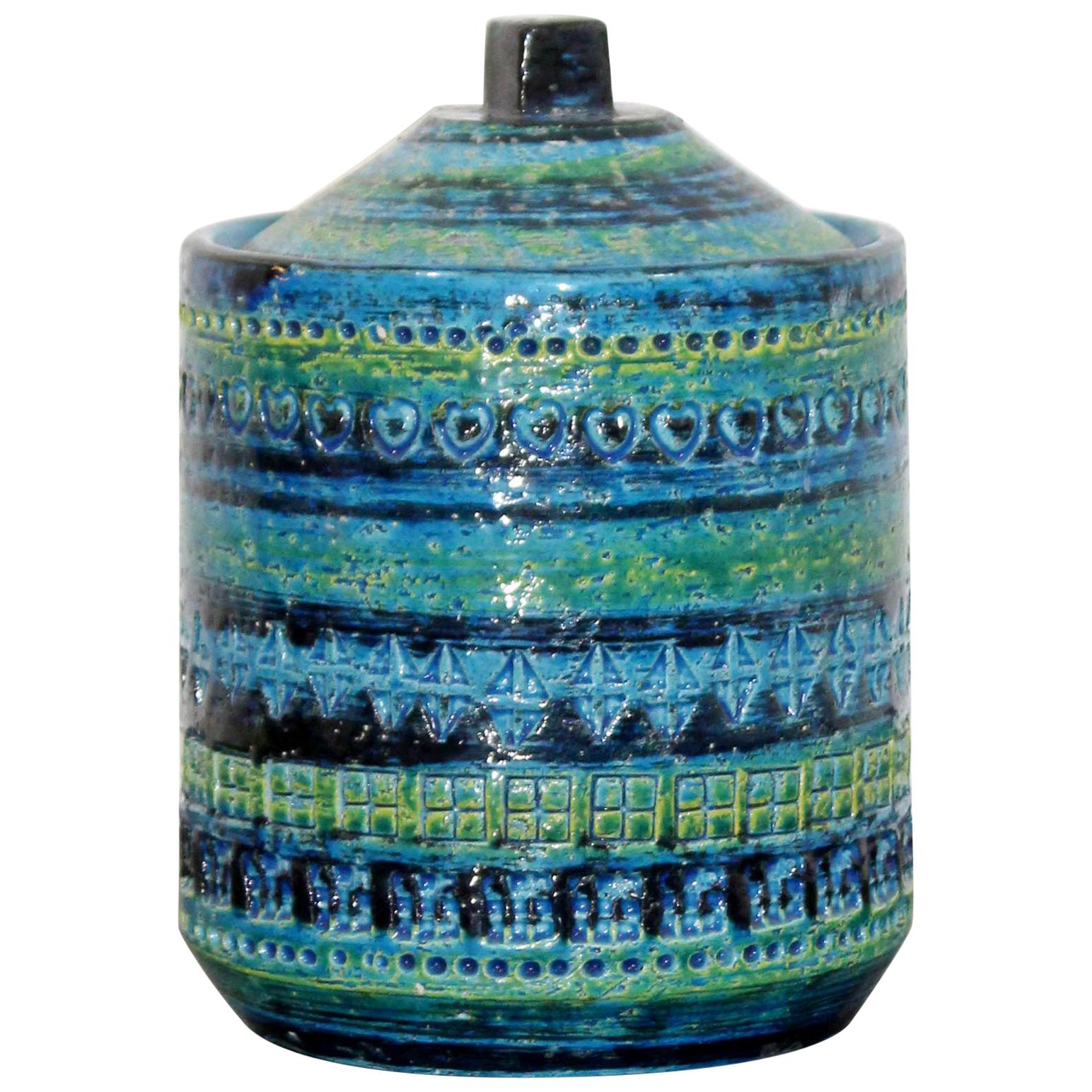 Mid-Century Modern Blue Green Ceramic Lidded Art Vessel Bitossi, Italian, 1970s