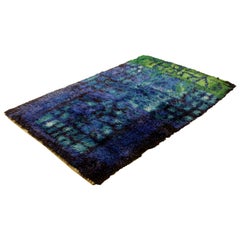 Mid-Century Modern Blue Green Knotted Rya Wool Shag Area Rug Carpet, 1970s