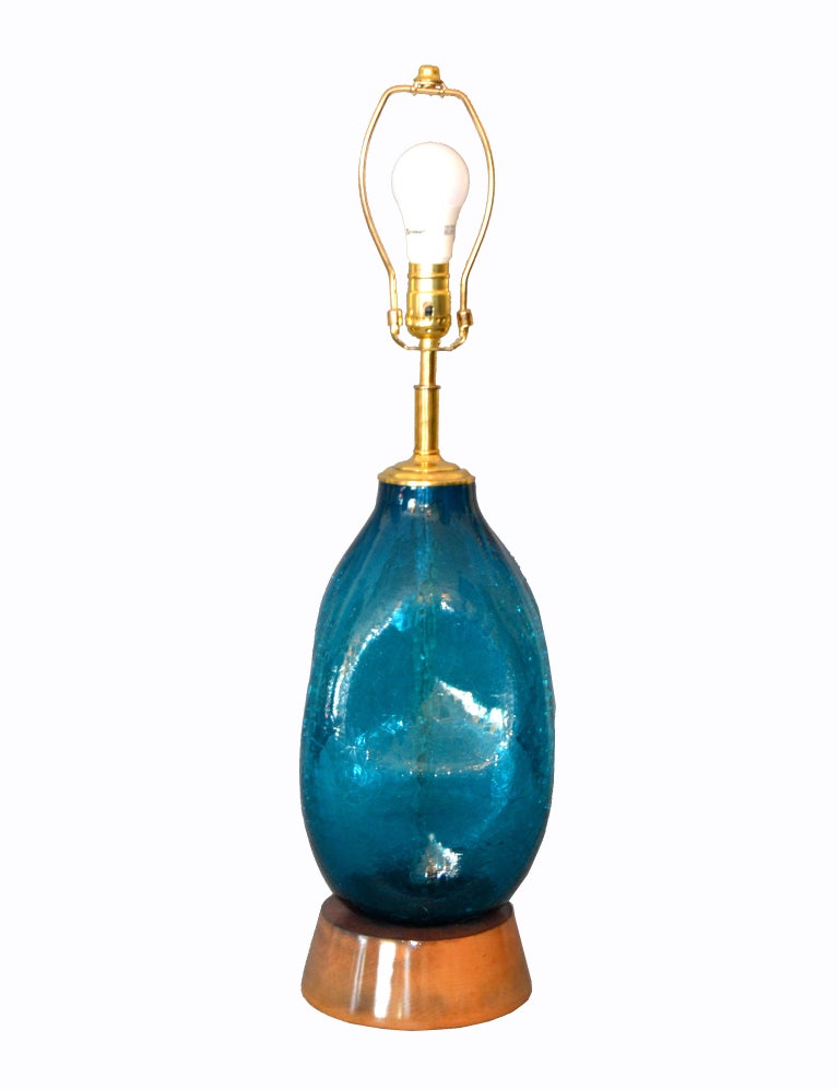 Mid-Century Modern Blue Hand Blown Art Glass Table Lamp  For Sale 2