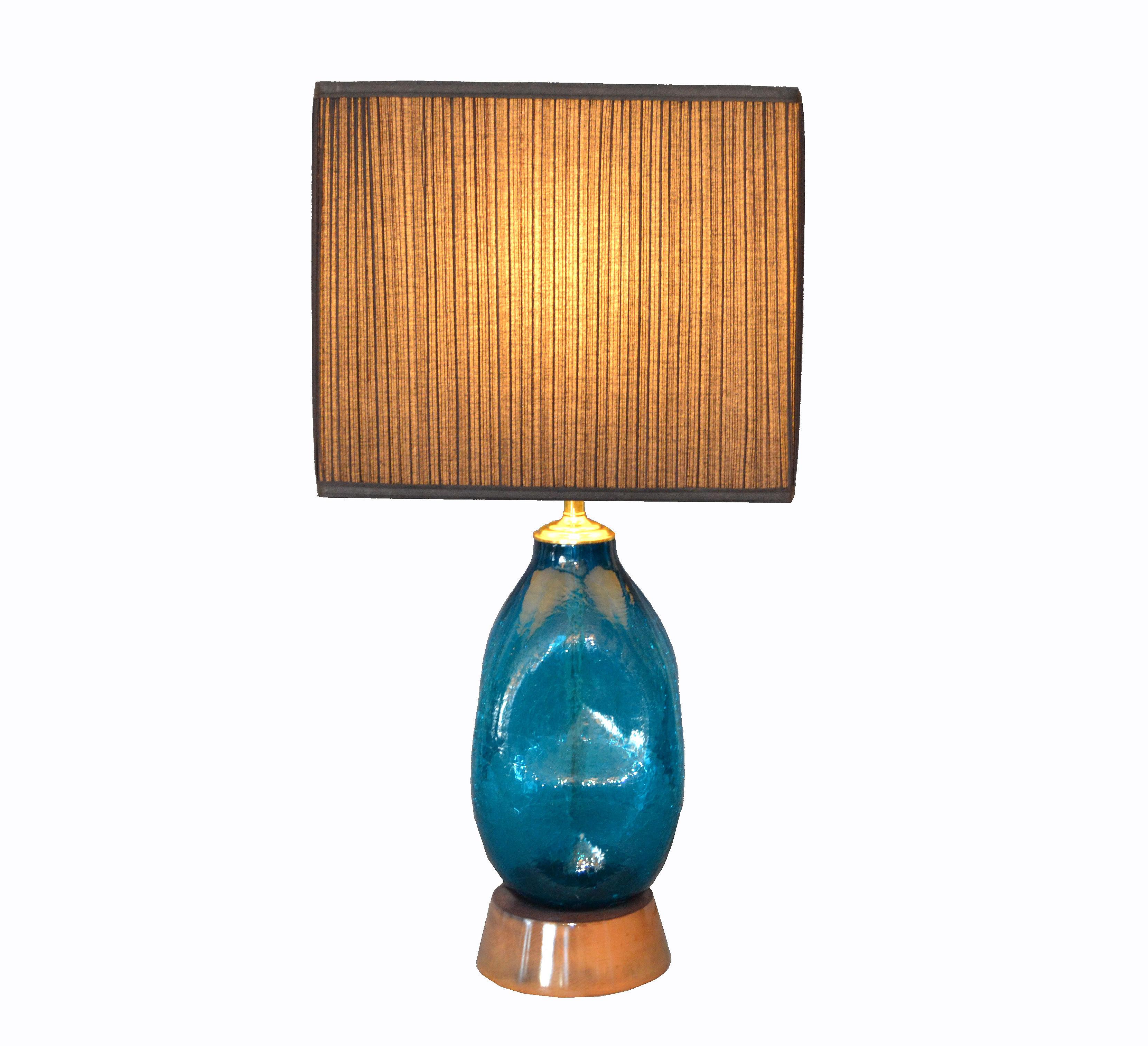 Brass Mid-Century Modern Blue Hand Blown Art Glass Table Lamp 